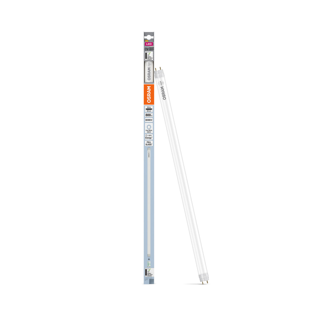OSRAM LED TUBE T8 EM in Röhre, zweiseitig gesockelt-Form, LED-Röhre, Bleifreies Glas, Matt, 6,6 W, (ex 18 W), 800 lm, Kaltweiß, 4000 K, 30000 h, CRI 80