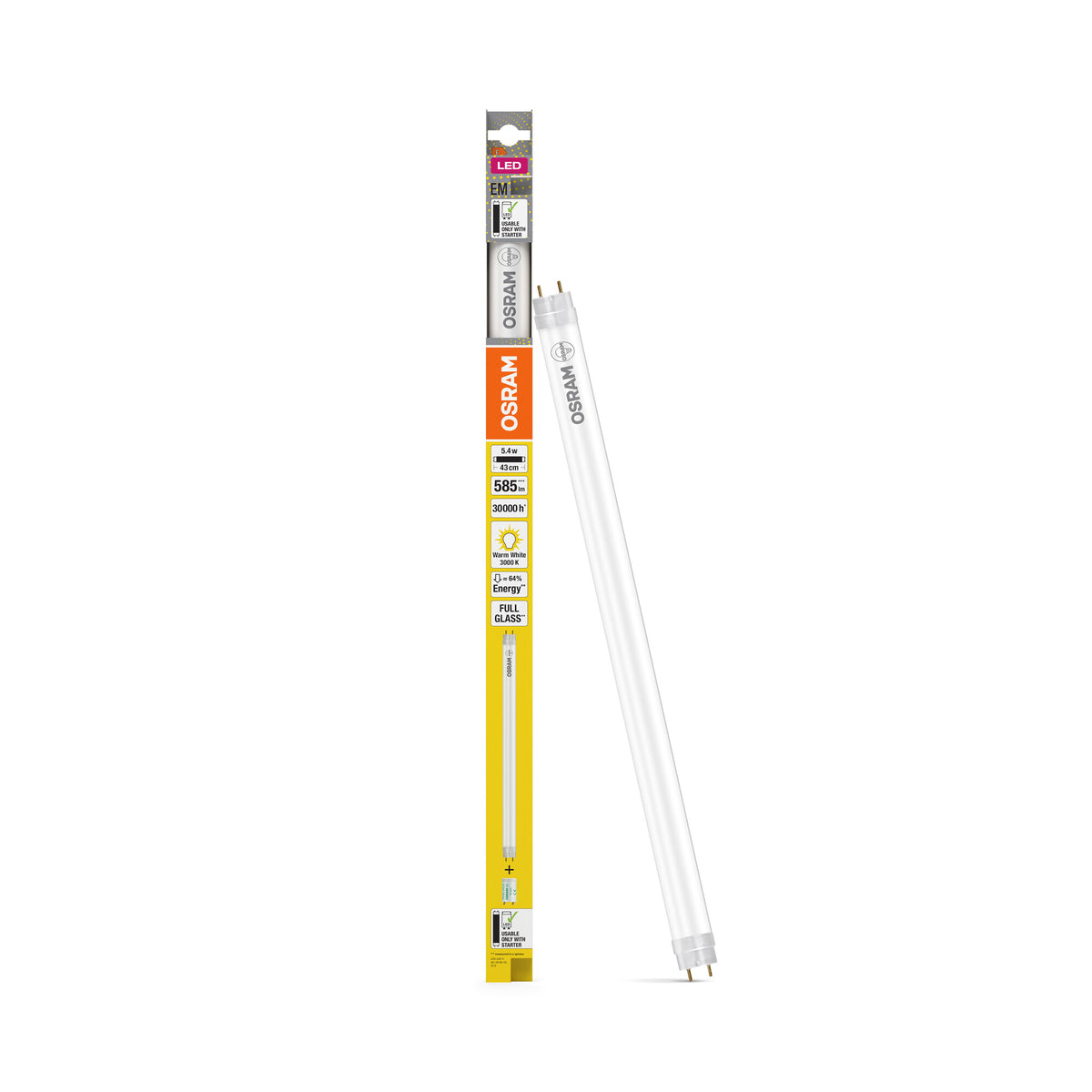 OSRAM LED TUBE T8 EM in Röhre, zweiseitig gesockelt-Form, LED-Röhre, Bleifreies Glas, Matt, 5,4 W, (ex 15 W), 585 lm, Warmweiß, 3000 K, 30000 h, CRI 80