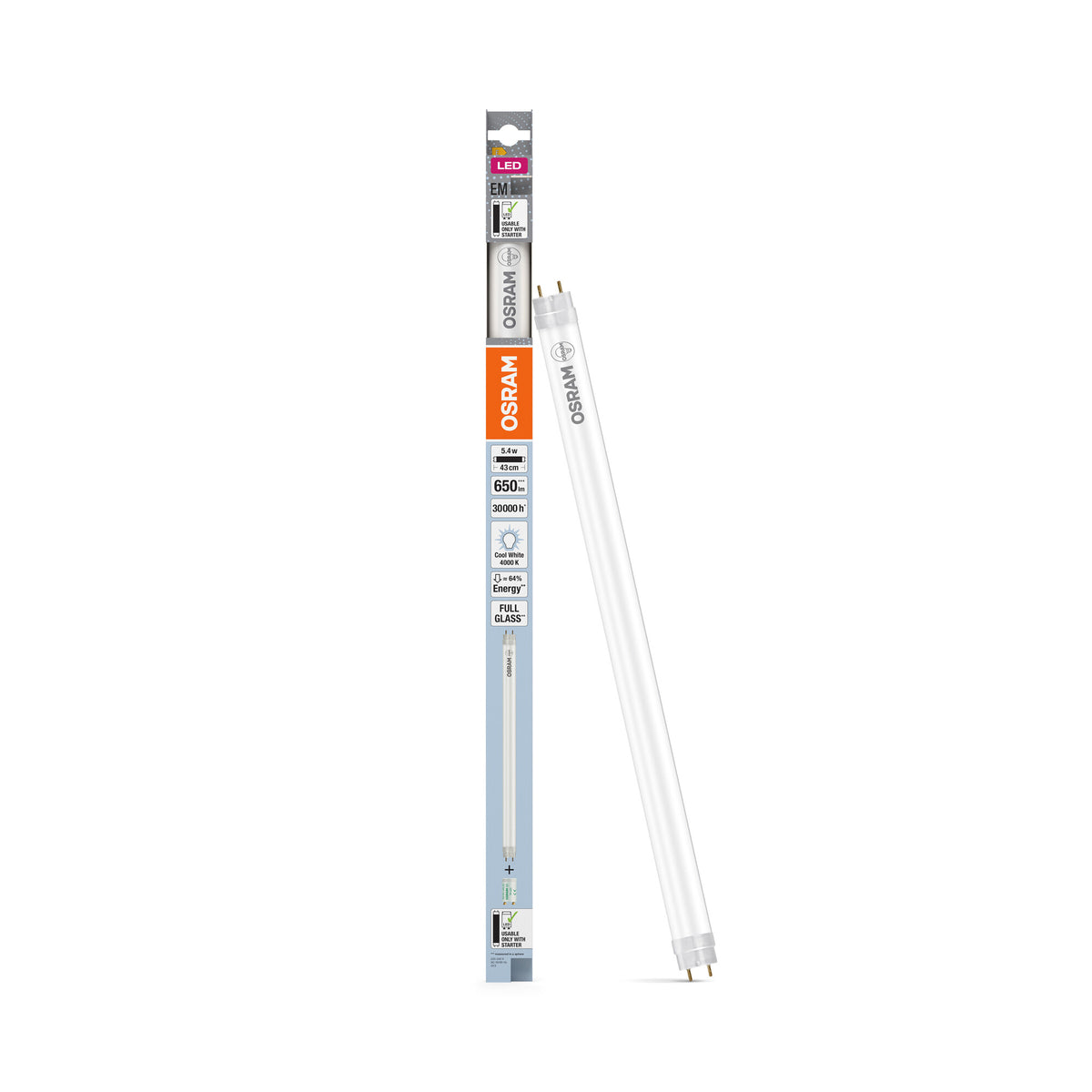 OSRAM LED TUBE T8 EM in Röhre, zweiseitig gesockelt-Form, LED-Röhre, Bleifreies Glas, Matt, 5,4 W, (ex 15 W), 650 lm, Kaltweiß, 4000 K, 30000 h, CRI 80