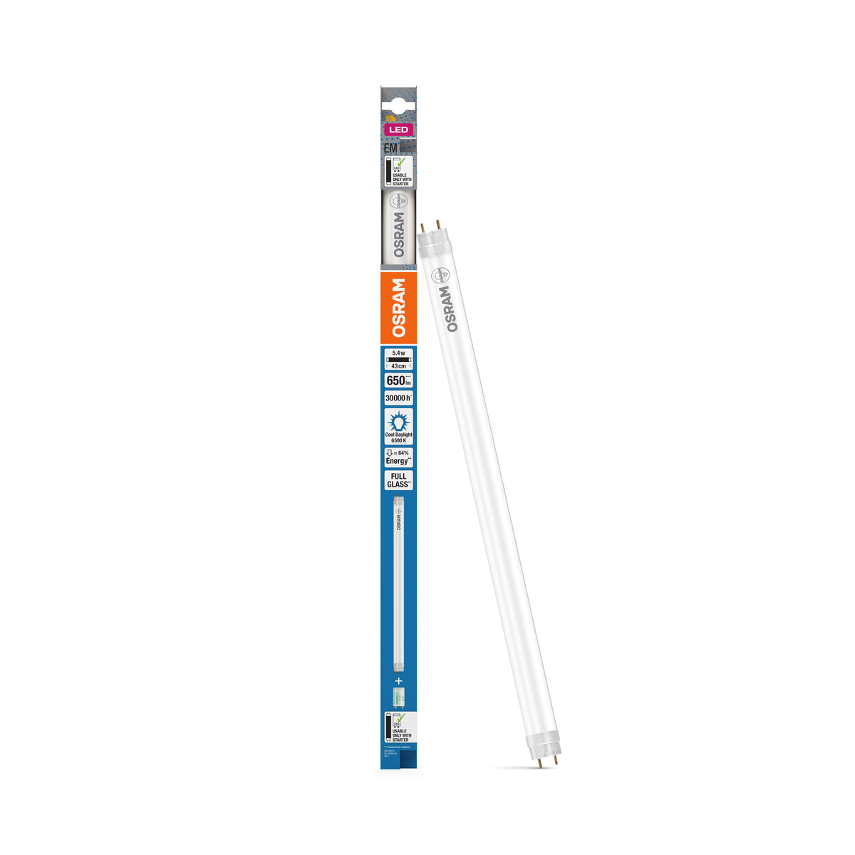 OSRAM LED TUBE T8 EM in Röhre, zweiseitig gesockelt-Form, LED-Röhre, Bleifreies Glas, Matt, 5,4 W, (ex 15 W), 650 lm, Kaltweiß, 6500 K, 30000 h, CRI 80