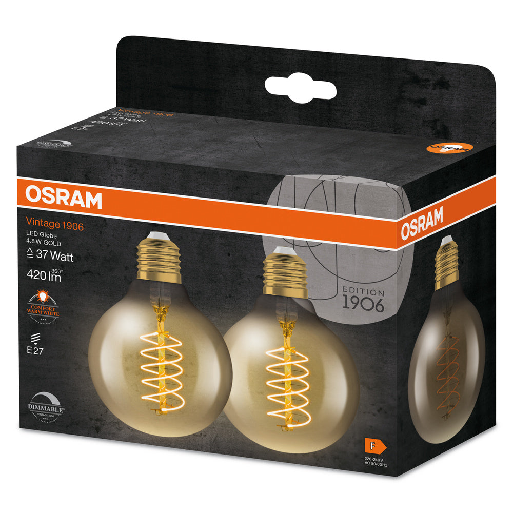 OSRAM VINTAGE 1906® LED Lampe LED CLASSIC SLIM FILAMENT Globe DIMMABLE 4.8W 822 Gold E27, 420 lm, 2200 K, Comfort warm white, 2er Pack-LEDVANCE Shop