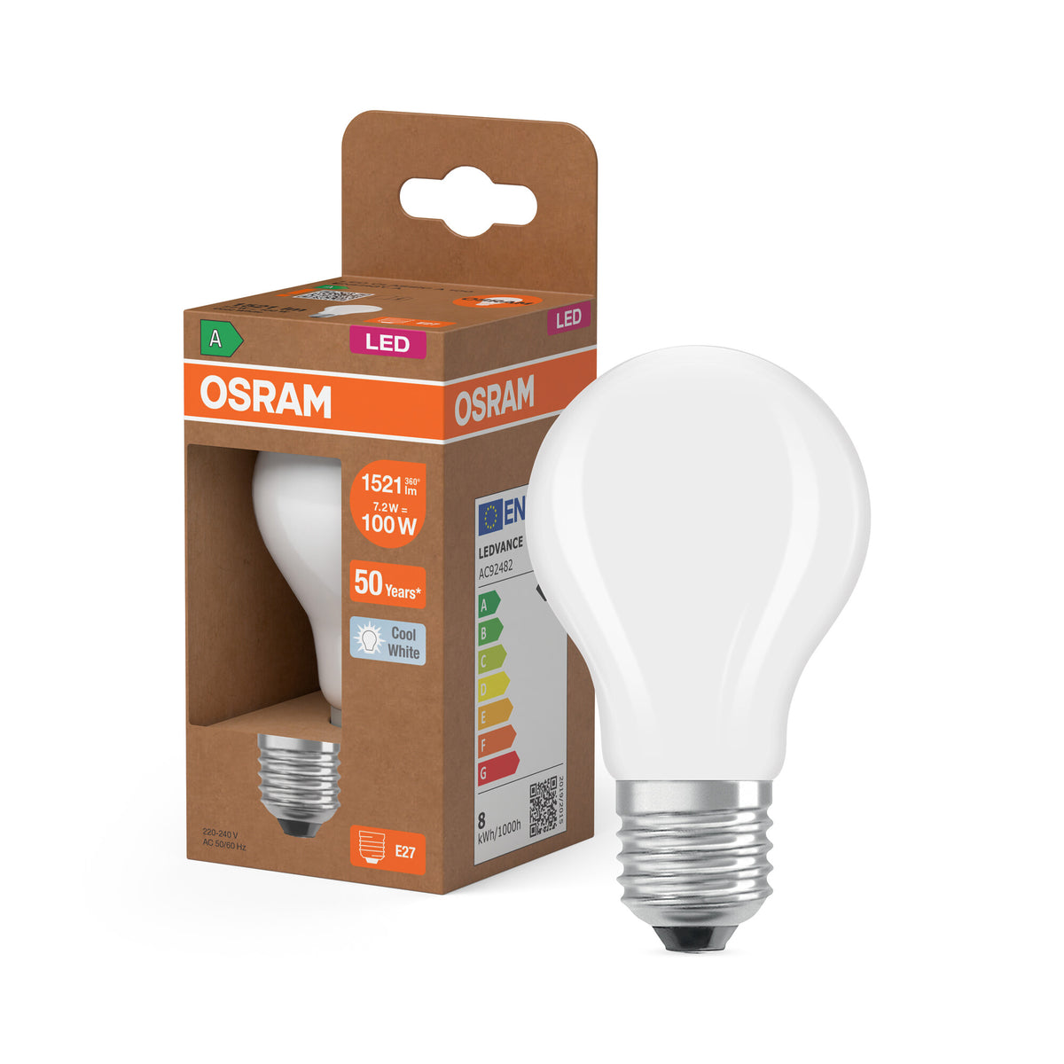 OSRAM LED LAMPS ENERGY CLASS A ENERGY EFFICIENCY FILAMENT CLASSIC A in A-Form, LED-Lampe, Bleifreies Glas, Matt, 7,2 W, 1521 lm, Kaltweiß, Energieeffizienzklasse: A