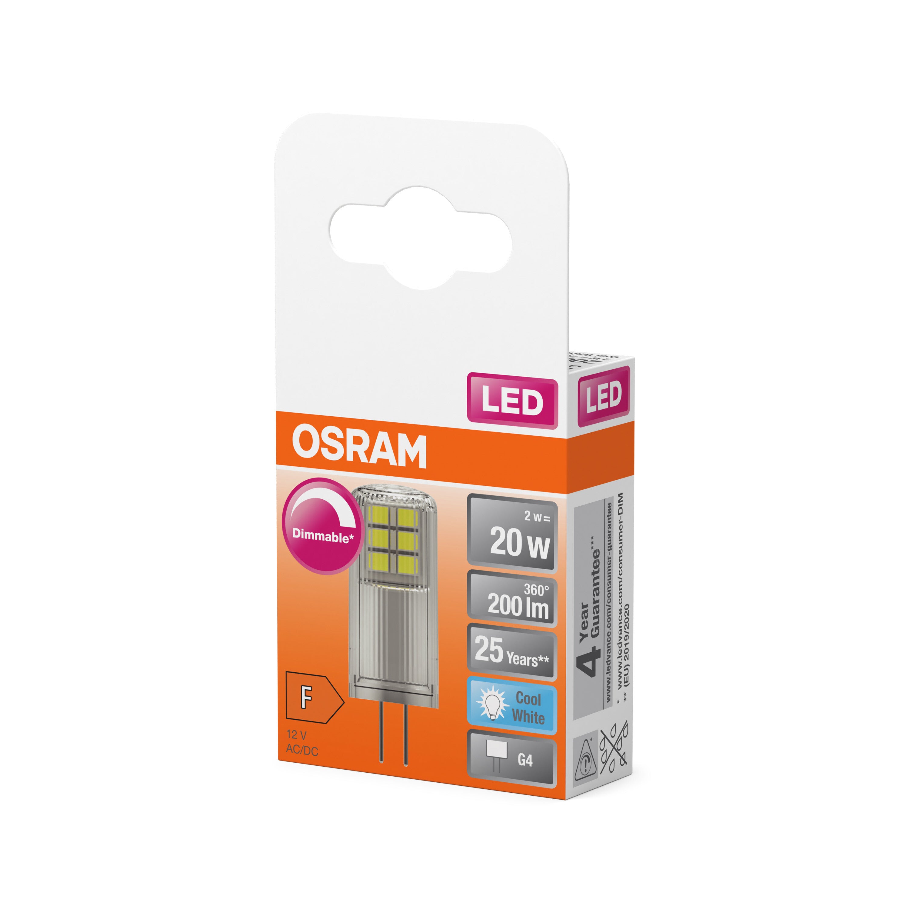 OSRAM LED Stiftsockellampe PIN 20, 320°, DIM, 2W, 840, klar, G4 , Kaltweiß-LEDVANCE Shop