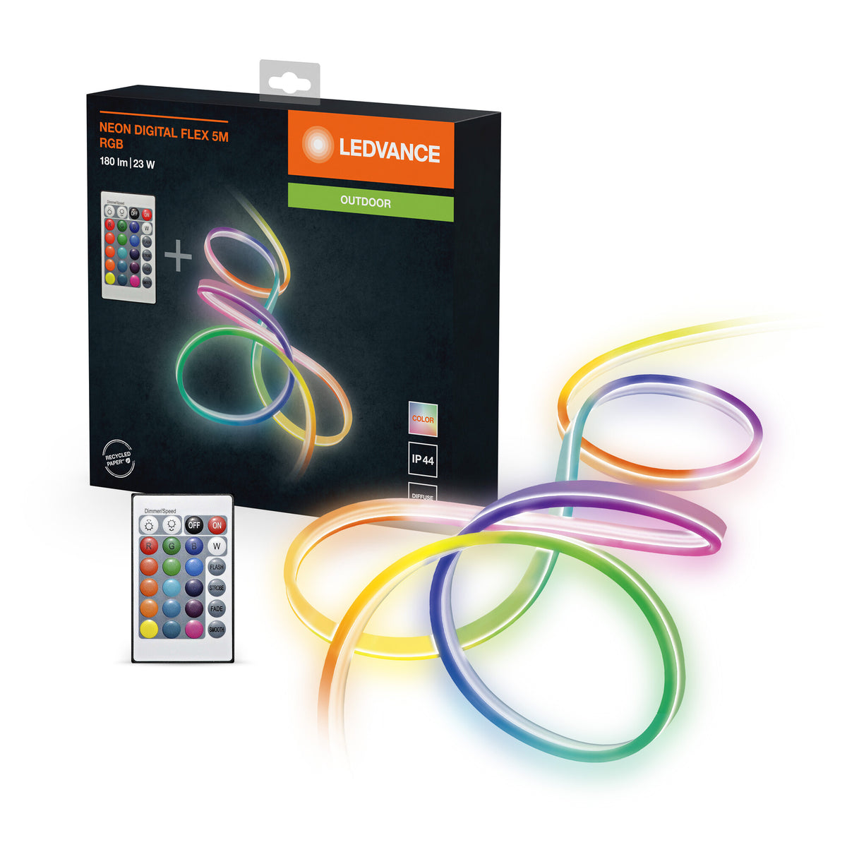 LEDVANCE Neon Digital Flex mehrfarbige Outdoor-LED-Strips 5m mit RGB + RC aus Silikon, IP44-Schutz, indirekte und direkte Beleuchtung für Garten und Balkon