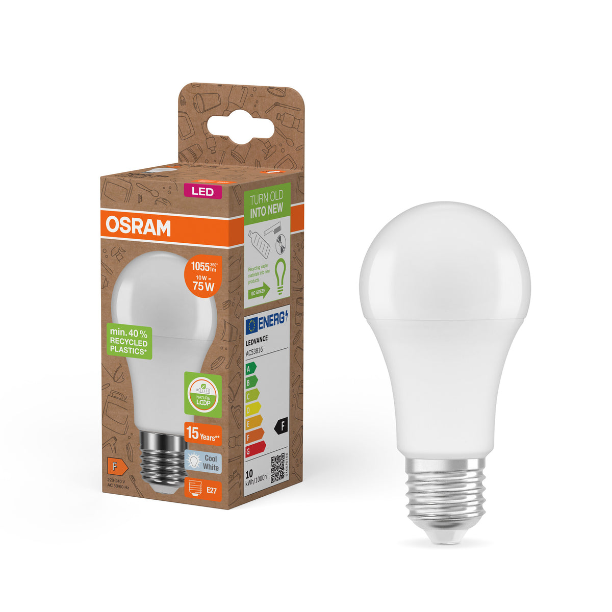 OSRAM LED PCR LAMPS WITH CLASSIC A , LED-Lampe, Matt, 10 W, (ex 75 W), 1055 lm, Kaltweiß, 4000 K, 15000 h, CRI ≥80