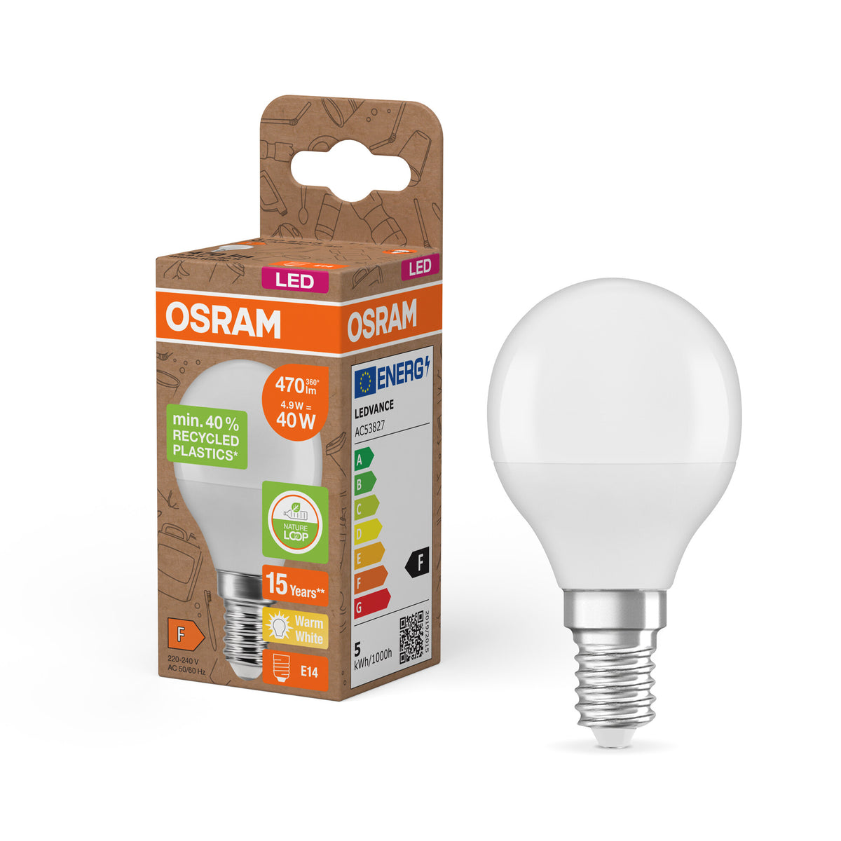 OSRAM LED PCR LAMPS WITH CLASSIC P , LED-Lampe, Matt, 4,9 W, (ex 40 W), 470 lm, Warmweiß, 2700 K, 15000 h, CRI ≥80, PCR-Recycling