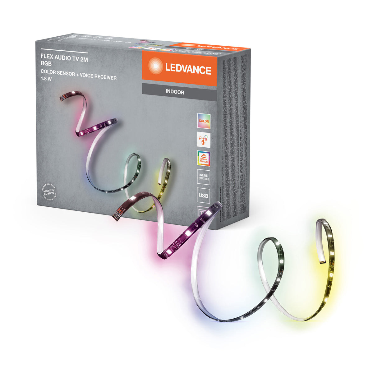 LEDVANCE FLEX AUDIOTV 2M RGB LED-Streifen, weiß, 3,7W, 50lm, integrierter Sound-Receiver, Farbsensor, lange Lebensdauer, einfache Montage, mit USB-Anschluss, selbstklebend, Schutzklasse IP20