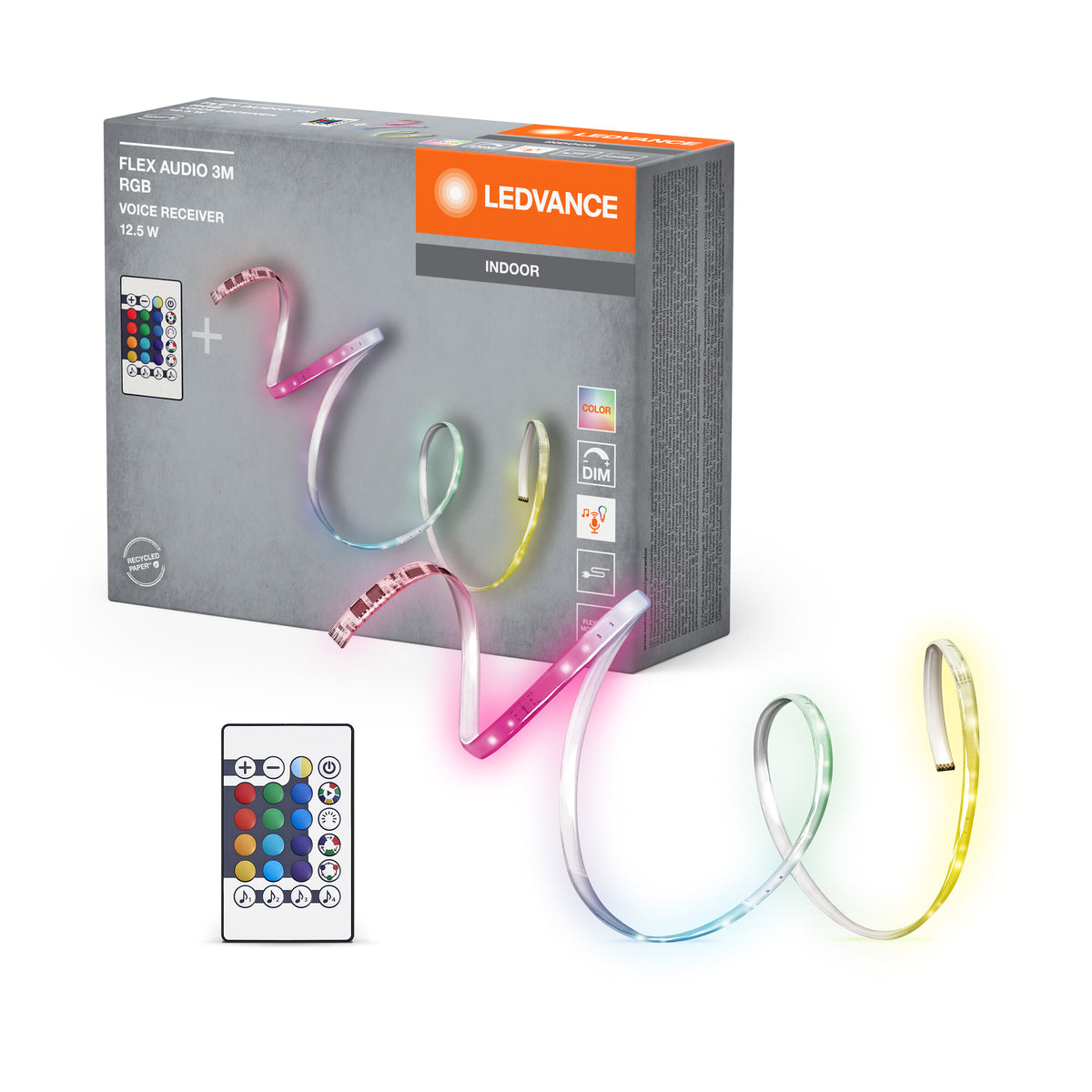 LEDVANCE FLEX AUDIO 3M LED-Streifen VR RC, weiß, 10W, 120lm, warmweißes Licht, integrierter Sound-Receiver, RGB-Farbsensor, Fernbedienung, lange Lebensdauer, einfache Montage, Schutzklasse IP20