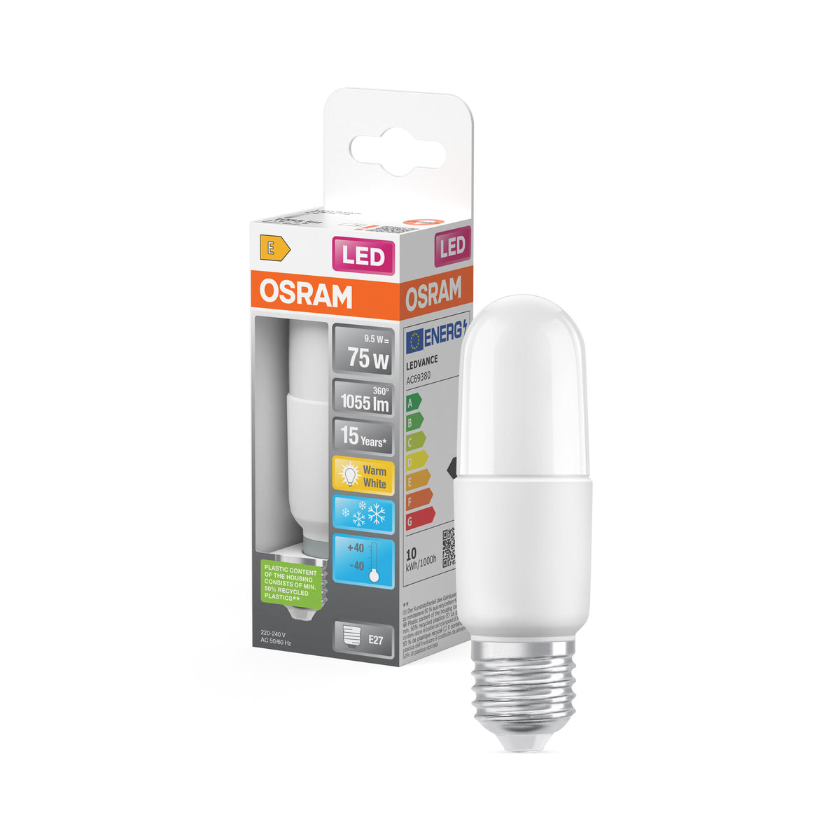 OSRAM LED PCR CLASSIC STICK LAMP in Stick-Form, LED-Lampe, Matt, 9,5 W, (ex 75 W), 1055 lm, Warmweiß, 2700 K, 15000 h, CRI 80