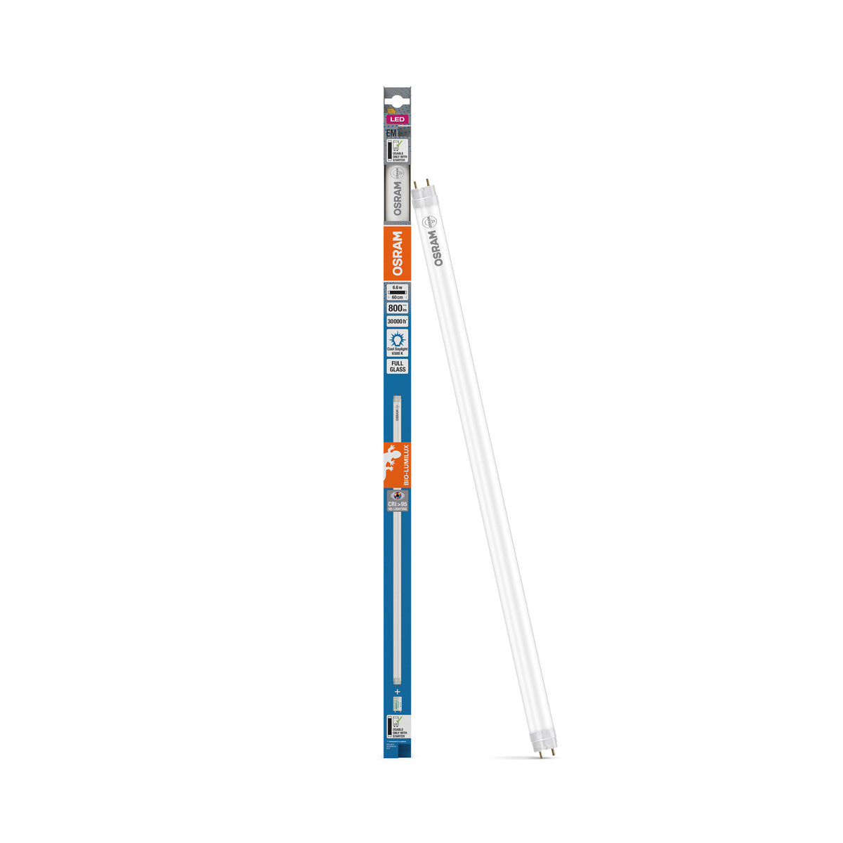 OSRAM LED TUBE T8 EM BIO-LUMILUX , LED-Röhre, Bleifreies Glas, Matt, 6,6 W, (ex 18 W), 800 lm, Kaltweiß, 6500 K, 30000 h, CRI 95