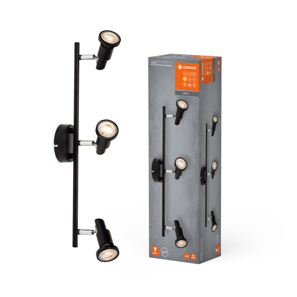 LEDVANCE LED SPOT GU10 3 x 3,4W, 690lm, schwarz, 2. 700K Farbtemperatur, warmweiße Lichtfarbe, zeitloses Design, austauschbare LED-Lampe, ideal für Innenräume, CRI 90, verstellbare Köpfe