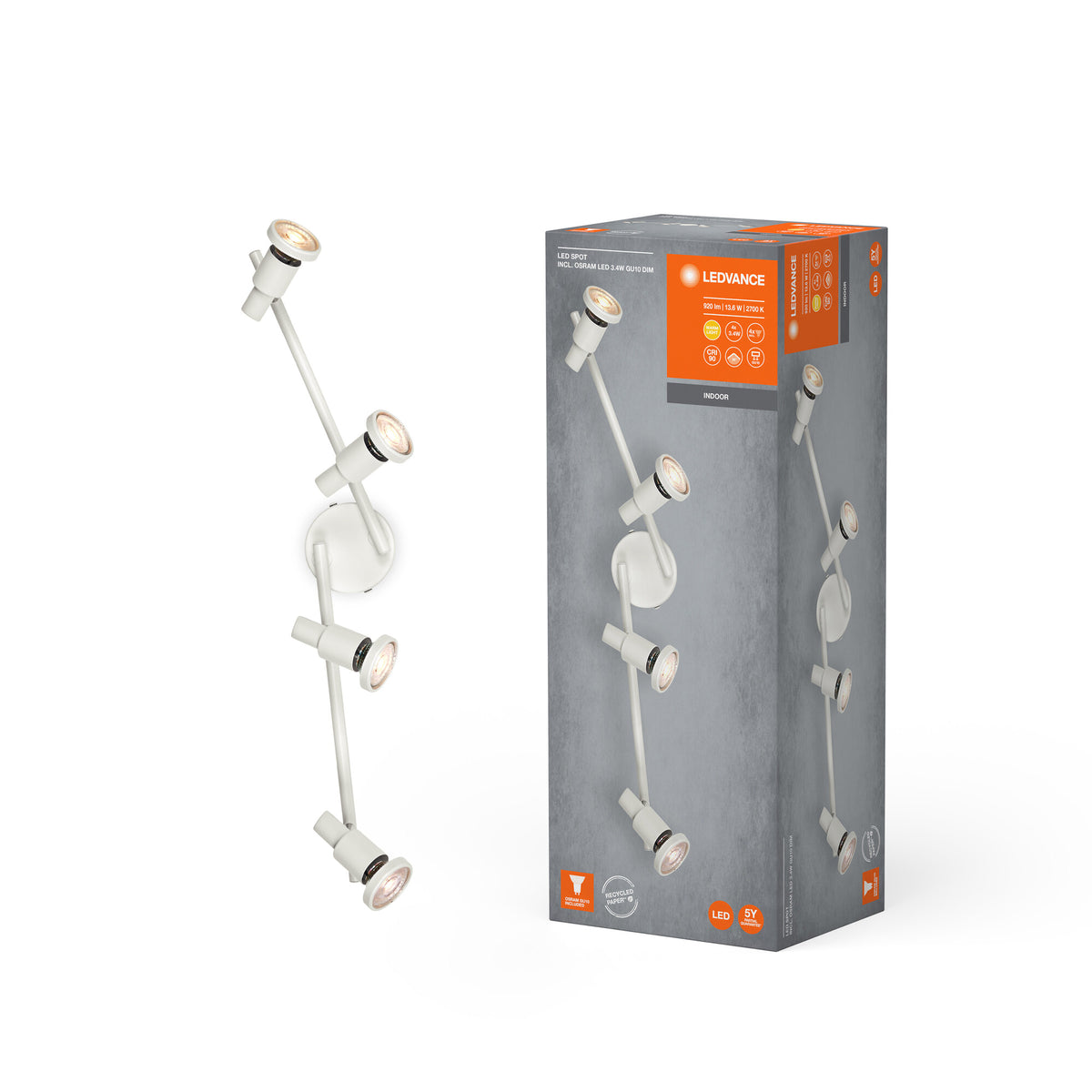 LEDVANCE LED SPOT GU10 4 x 3,4W, 920lm, weiß, 2. 700K Farbtemperatur, warmweiße Lichtfarbe, zeitloses Design, austauschbare LED-Lampe, ideal für Innenräume, CRI 90, verstellbare Köpfe