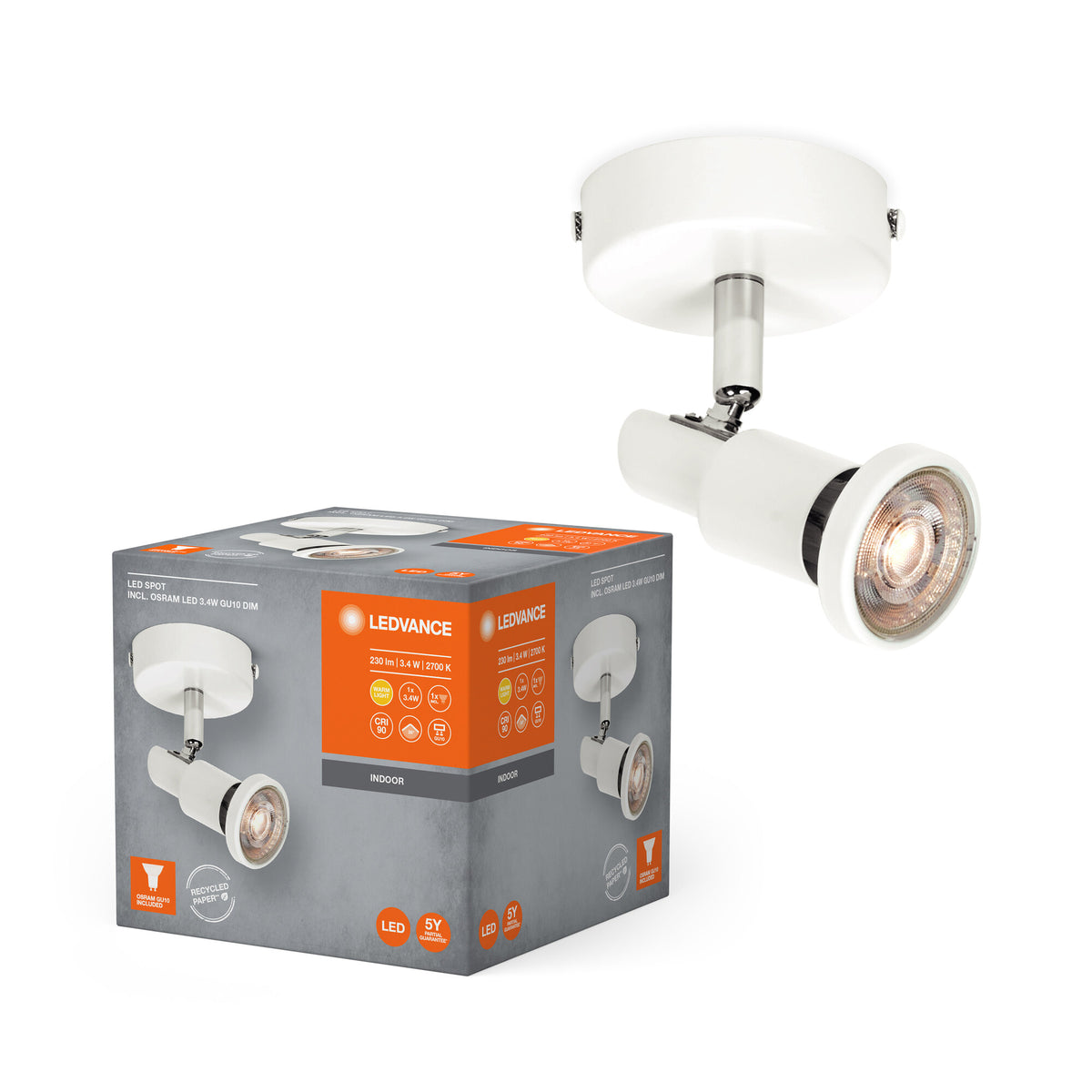 LEDVANCE LED SPOT GU10 1 x 3,4W, 230lm, weiß, 2. 700K Farbtemperatur, warmweiße Lichtfarbe, zeitloses Design, austauschbare LED-Lampe, ideal für Innenräume, CRI 90, verstellbare Köpfe