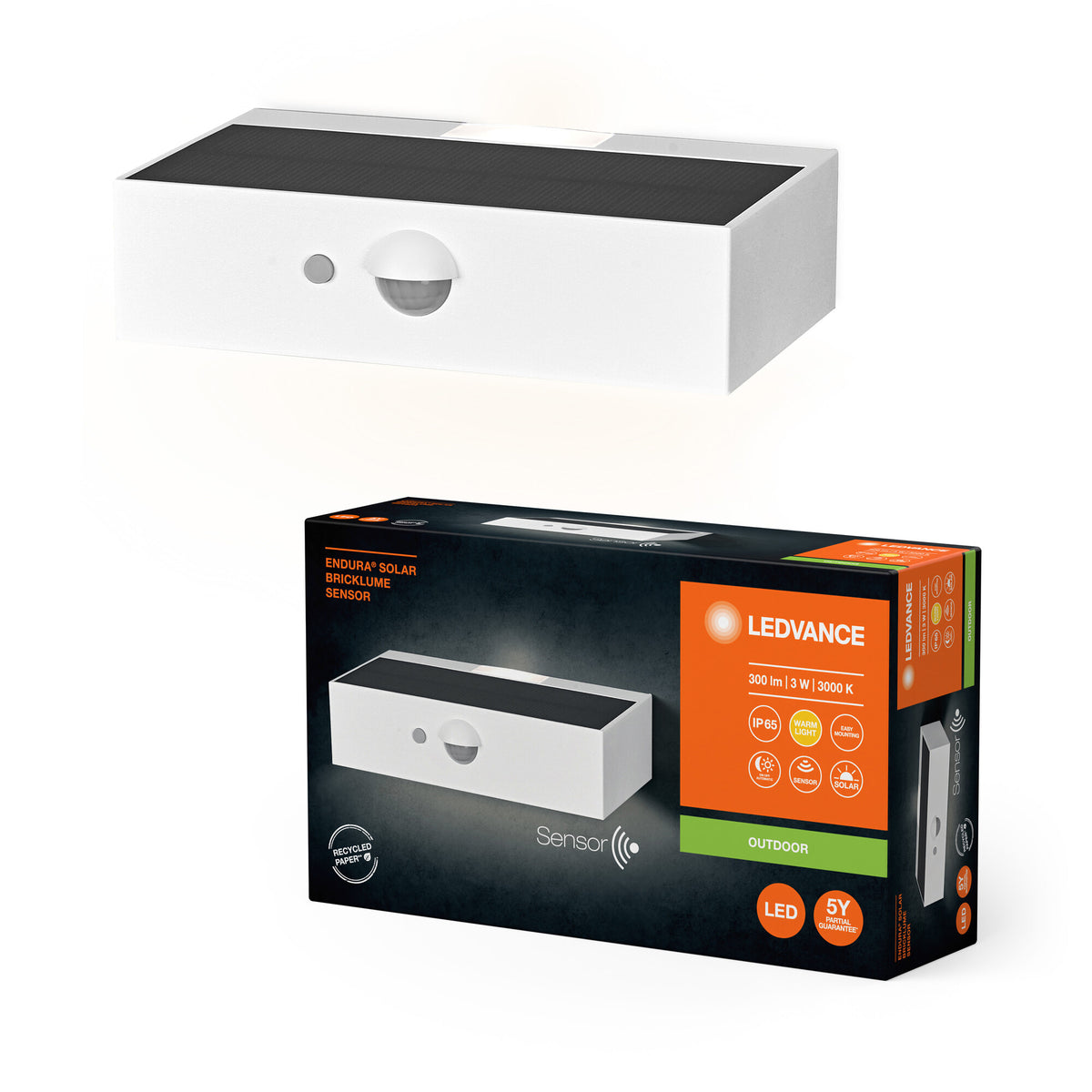 LEDVANCE ENDURA STYLE BRICKLUME Sensor, Solarleuchte, 3W, 300lm, weiß, indirekte Beleuchtung, Bewegungsmelder, Tageslichtsensor, IP65 Schutzklasse, 3. 000K Farbtemperatur, warmweiße Lichtfarbe