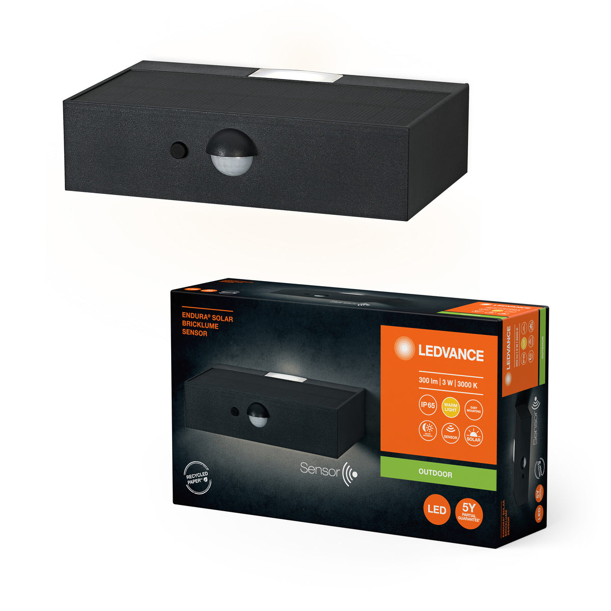 LEDVANCE ENDURA STYLE BRICKLUME Sensor, Solarleuchte, 3W, 300lm, grau, dunkelgrau, indirekte Beleuchtung, Bewegungsmelder, Tageslichtsensor, IP65, 3. 000K Farbtemperatur, warmweiße Lichtfarbe