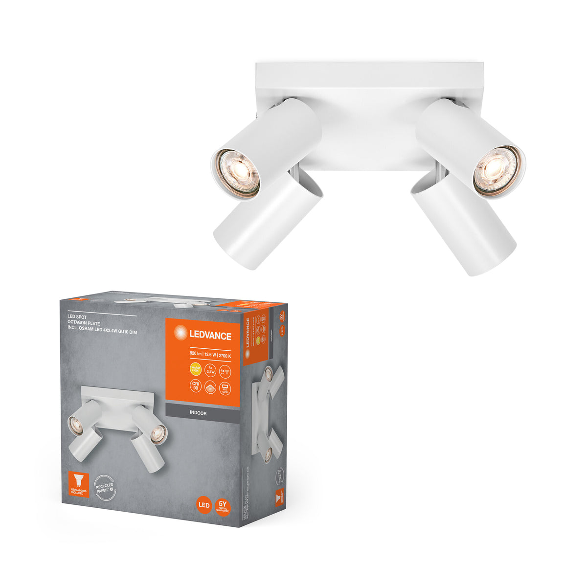 LEDVANCE LED SPOT OCTAGON PL 4 x 3,4W, GU10, 920lm, weiß, 2. 700K Farbtemperatur, warmweiße Lichtfarbe, zeitloses Design, austauschbare LED-Lampe, ideal für Innenräume, CRI 90, verstellbare Köpfe