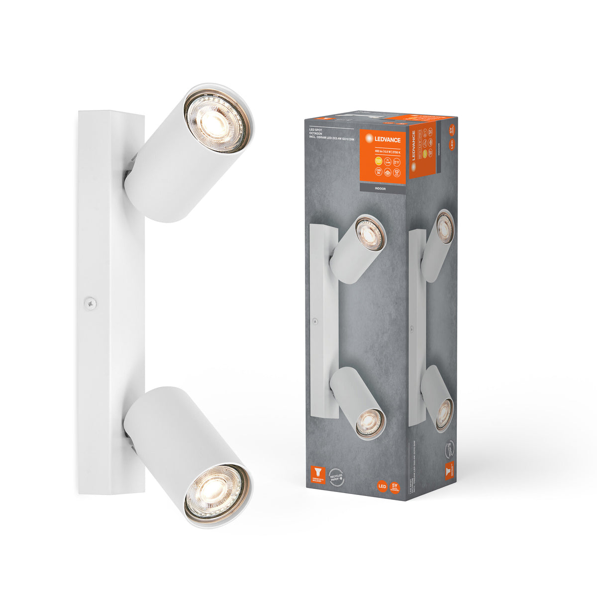 LEDVANCE LED SPOT OCTAGON 2 x 3,4W, GU10, 460lm, weiß, 2. 700K Farbtemperatur, warmweiße Lichtfarbe, zeitloses Design, austauschbare LED-Lampe, ideal für Innenräume, CRI 90, verstellbare Köpfe