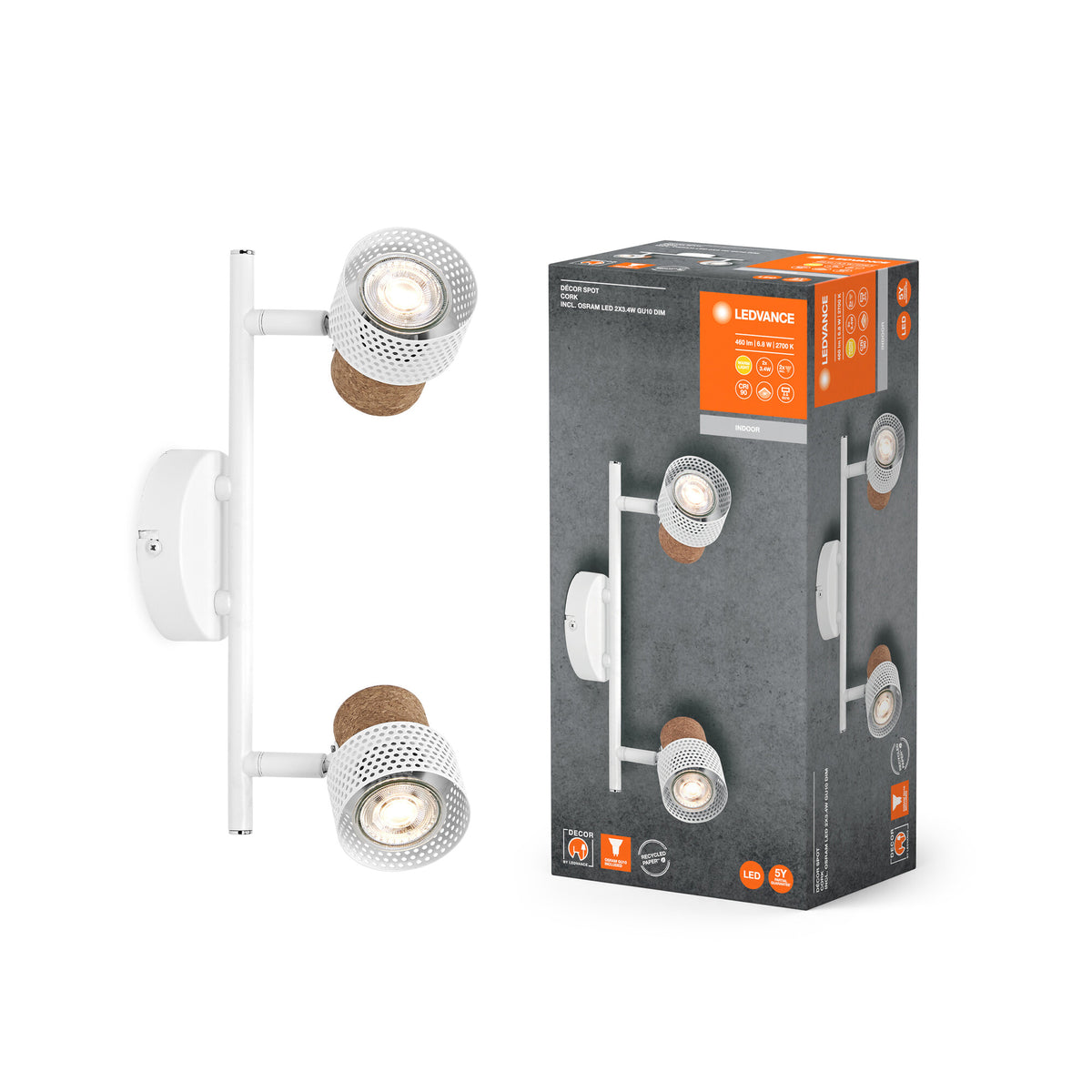 LEDVANCE DECOR SPOT CORK, 2 x 3,4W, 460lm, weiß, Spotleuchte, verstellbare Köpfe, vielseitig anwendbar, Innenraumspot, austauschbare LED-Lampen, dimmbar, warmweiße Lichtfarbe, GU10