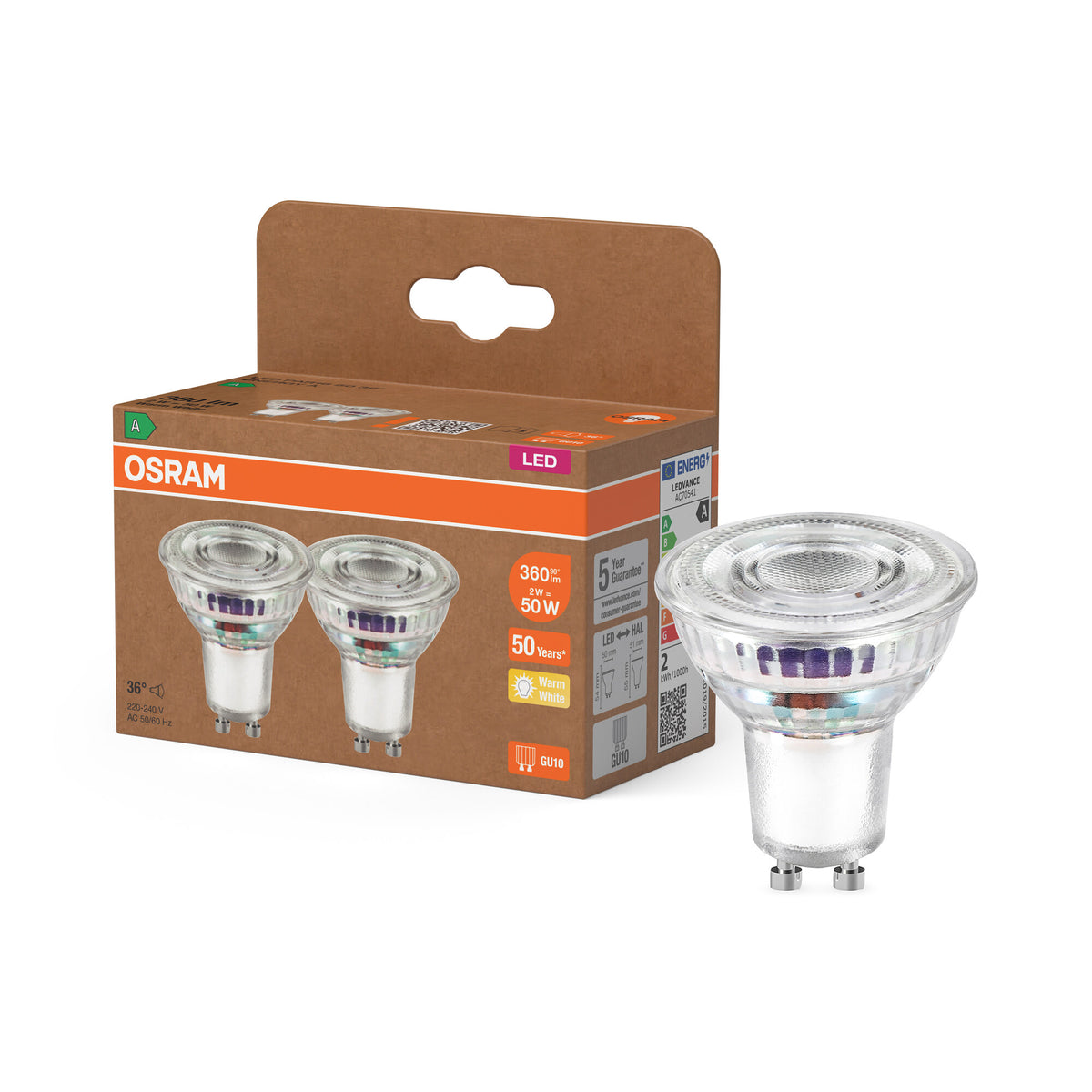 OSRAM LED LAMPS ENERGY EFFICIENCY REFLECTOR in PAR16-Form, LED-Spot, Bleifreies Glas, 2 W, (ex 50 W), 360 lm, Warmweiß, 2700 K, Energieeffizienzklasse: A, CRI 80, 2er