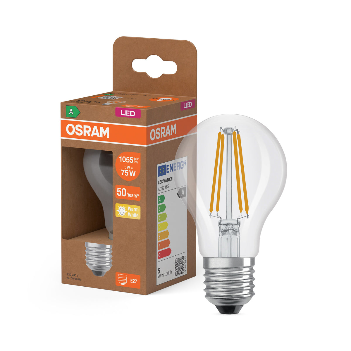 OSRAM LED LAMPS ENERGY CLASS A ENERGY EFFICIENCY FILAMENT CLASSIC A in A-Form, LED-Lampe, Bleifreies Glas, Klar, 5 W, 1055 lm, Warmweiß, Energieeffizienzklasse: A