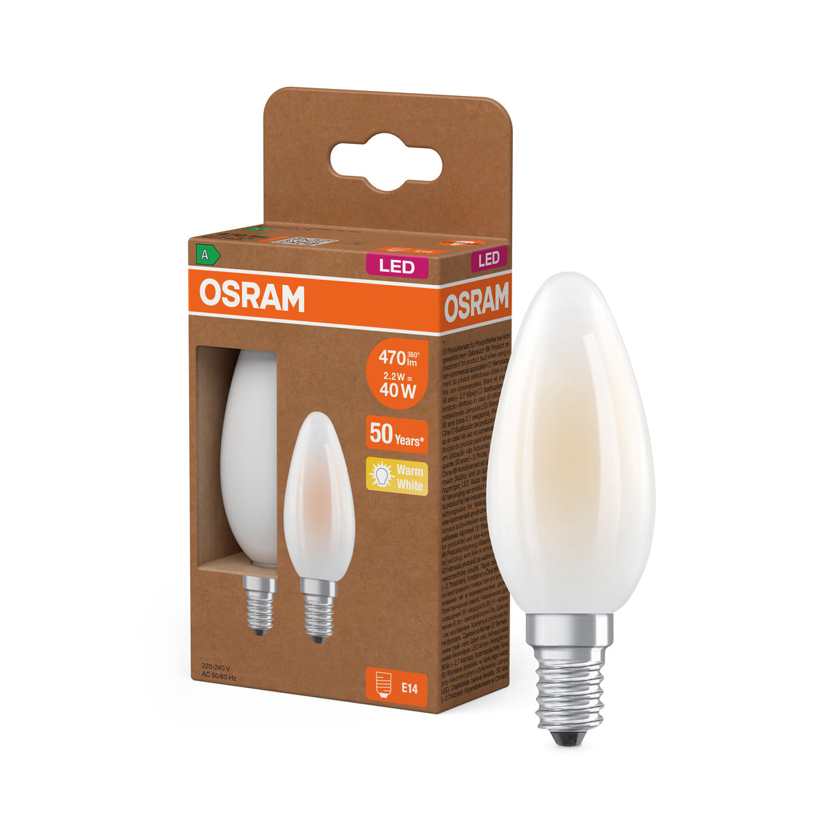 OSRAM LED CLASSIC B ENERGY EFFICIENCY A in B-Form, LED-Lampe, Bleifreies Glas, Matt, 2,2 W, (ex 40 W), 470 lm, Warmweiß, 2700 K, Energieeffizienzklasse: A, CRI 80, 2er
