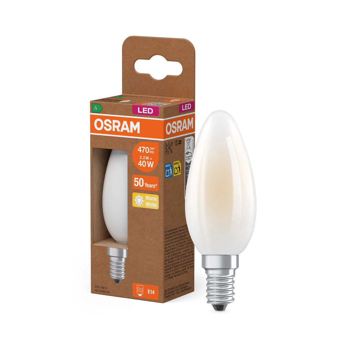 OSRAM LED CLASSIC B ENERGY EFFICIENCY A in B-Form, LED-Lampe, Bleifreies Glas, Matt, 2,2 W, (ex 40 W), 470 lm, Warmweiß, 2700 K, Energieeffizienzklasse: A, CRI 80