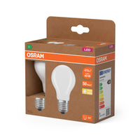 OSRAM LED LAMPS ENERGY CLASS A ENERGY EFFICIENCY FILAMENT CLASSIC A in A-Form, LED-Lampe, Bleifreies Glas, Matt, 2,2 W, 470 lm, Warmweiß, Energieeffizienzklasse: A, 2er