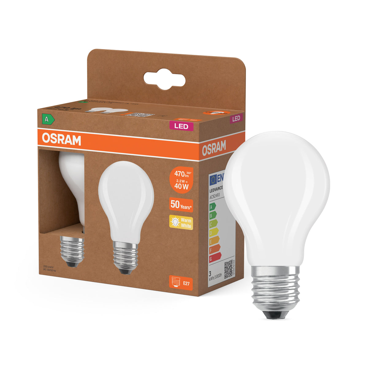 OSRAM LED LAMPS ENERGY CLASS A ENERGY EFFICIENCY FILAMENT CLASSIC A in A-Form, LED-Lampe, Bleifreies Glas, Matt, 2,2 W, 470 lm, Warmweiß, Energieeffizienzklasse: A, 2er