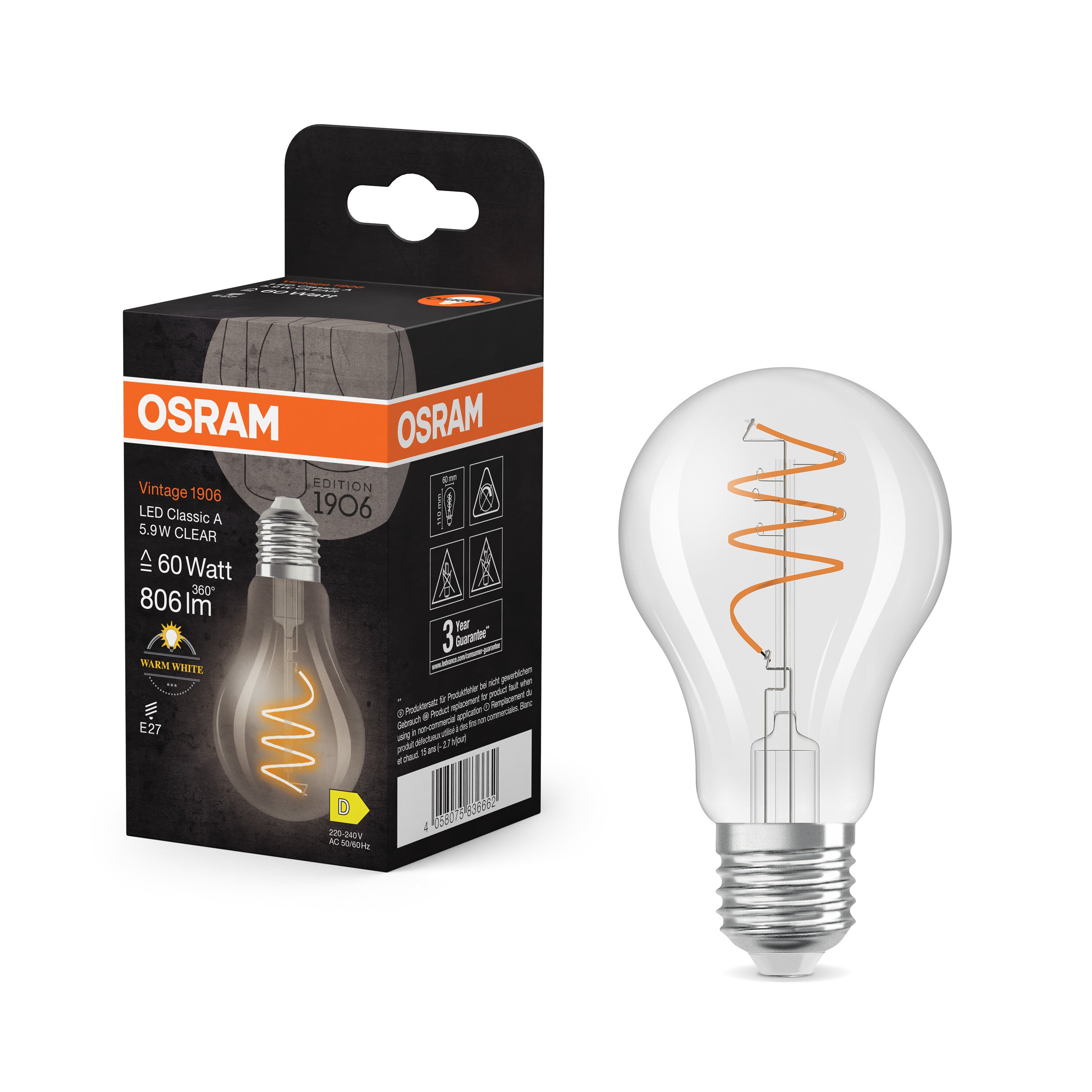OSRAM Vintage 1906 Classic LED-Lampe Klar, 5.9W, 806lm, E27 , Warmweiß-LEDVANCE Shop