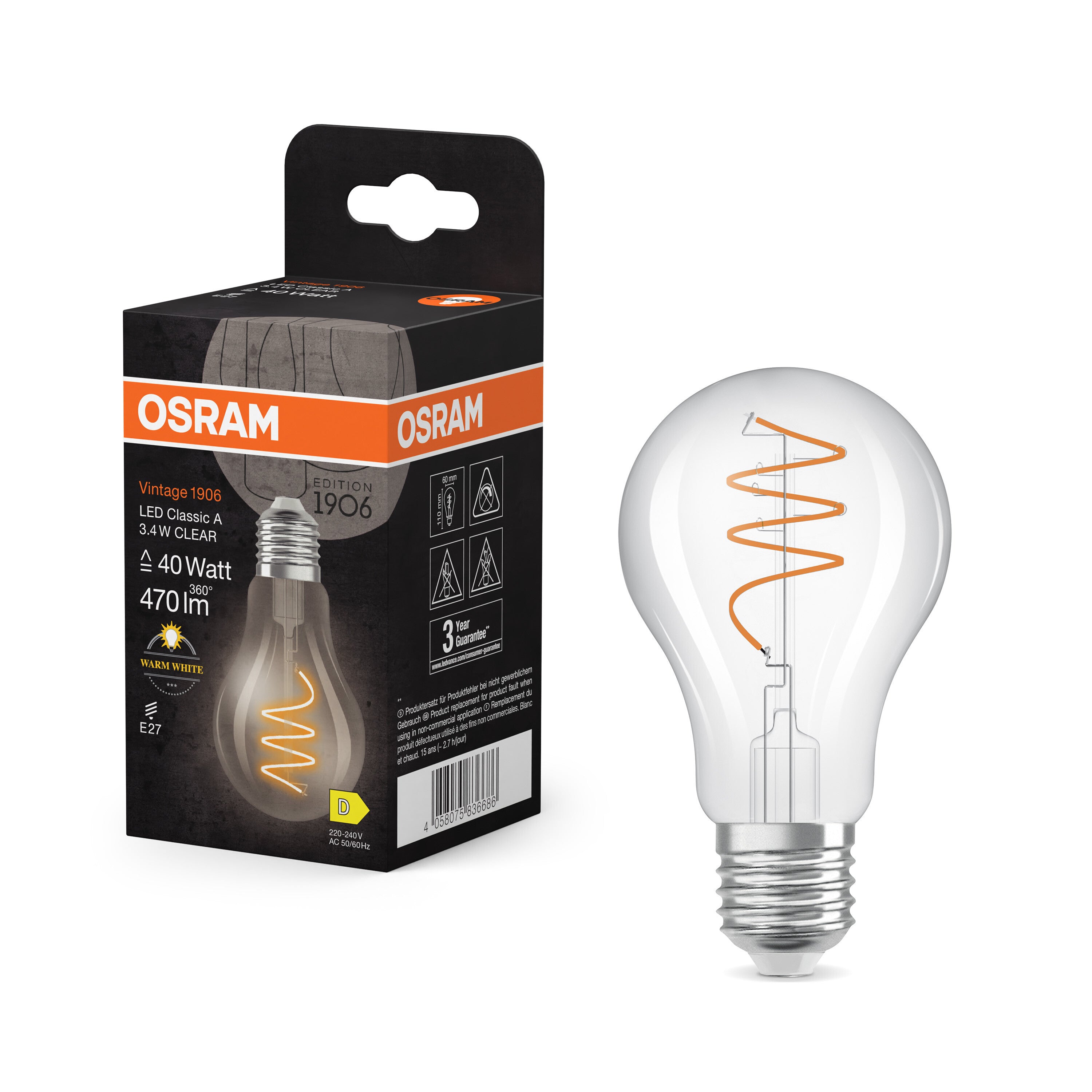 OSRAM Vintage 1906 Classic LED-Lampe Klar, 3.4W, 470lm, E27 , Warmweiß-LEDVANCE Shop