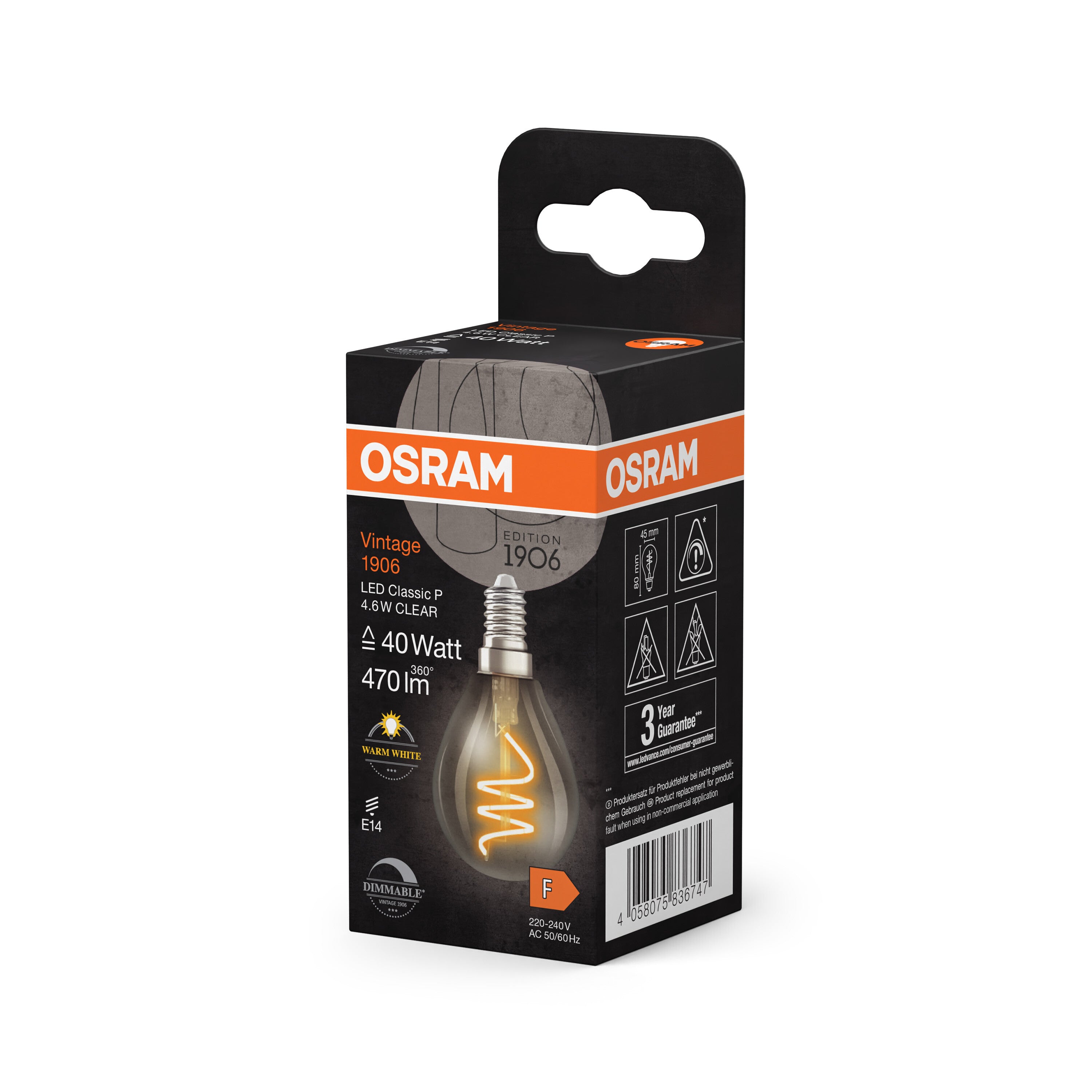 OSRAM Vintage 1906 Classic LED-Lampe Klar, 4.6W, 470lm, E14 , Warmweiß-LEDVANCE Shop