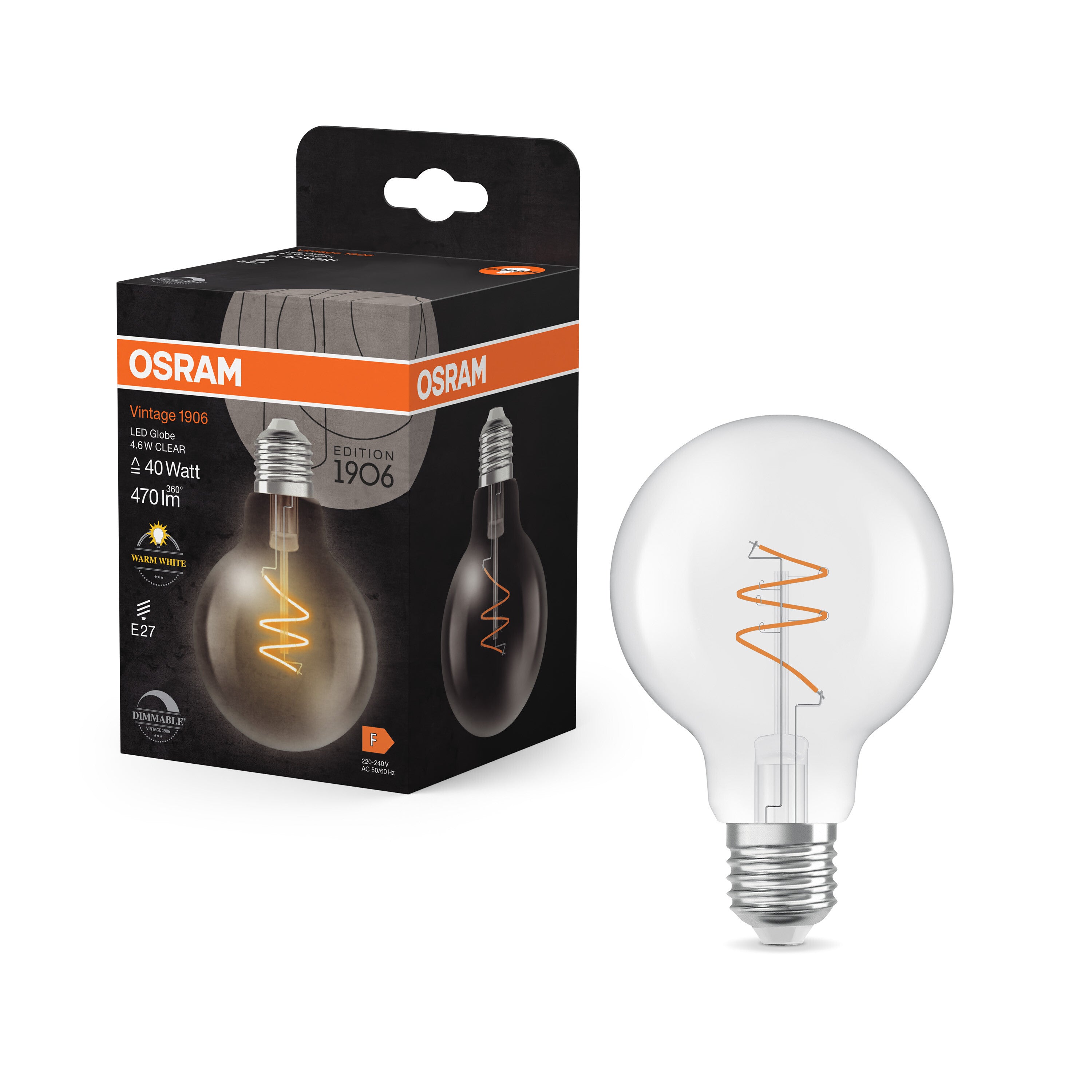 OSRAM Vintage 1906 Globe LED-Lampe Klar, 4.6W, 470lm, E27 , Warmweiß-LEDVANCE Shop
