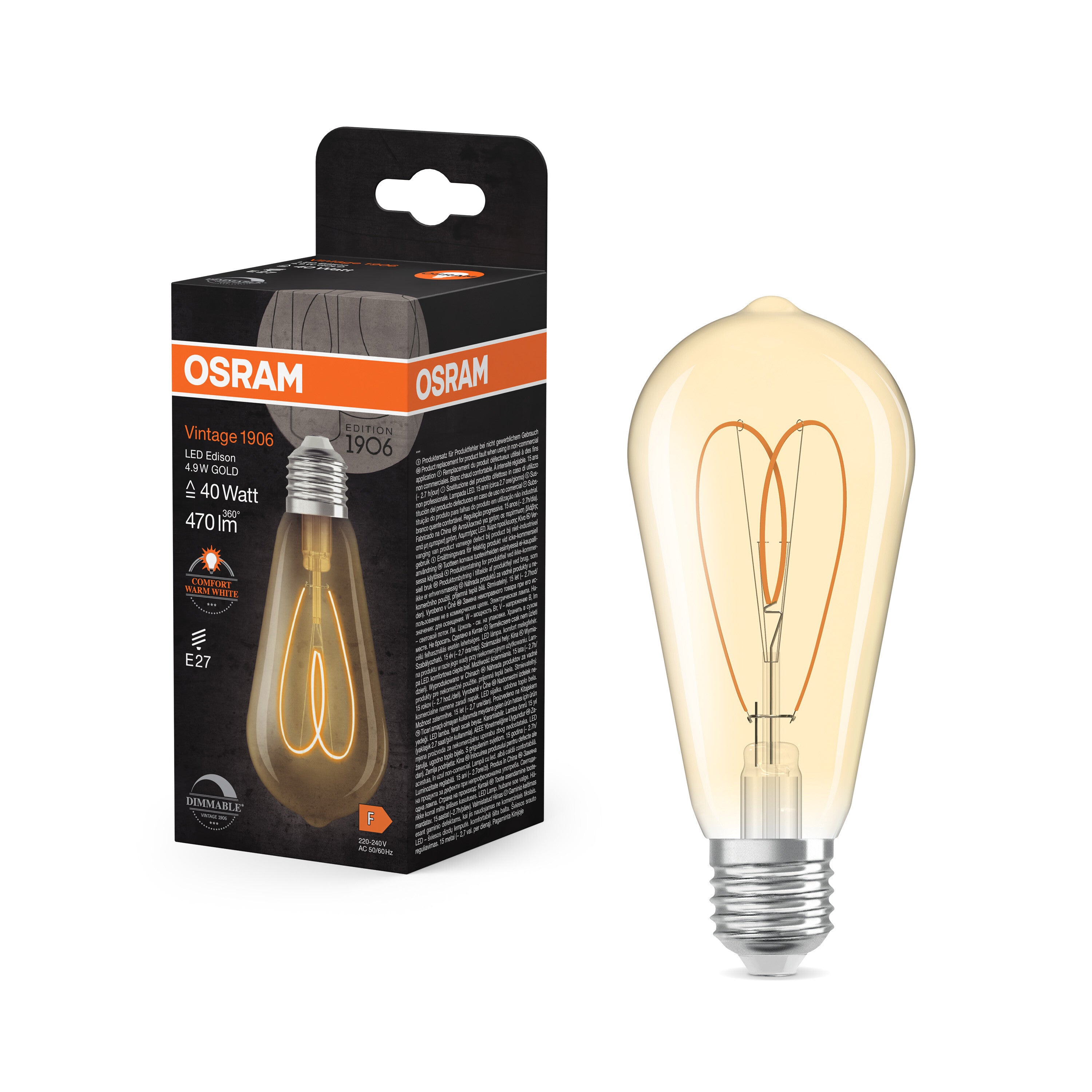 OSRAM Vintage 1906 Edison LED-Lampe Gold, 4.9W, 470lm, E27 , Comfort warm white-LEDVANCE Shop