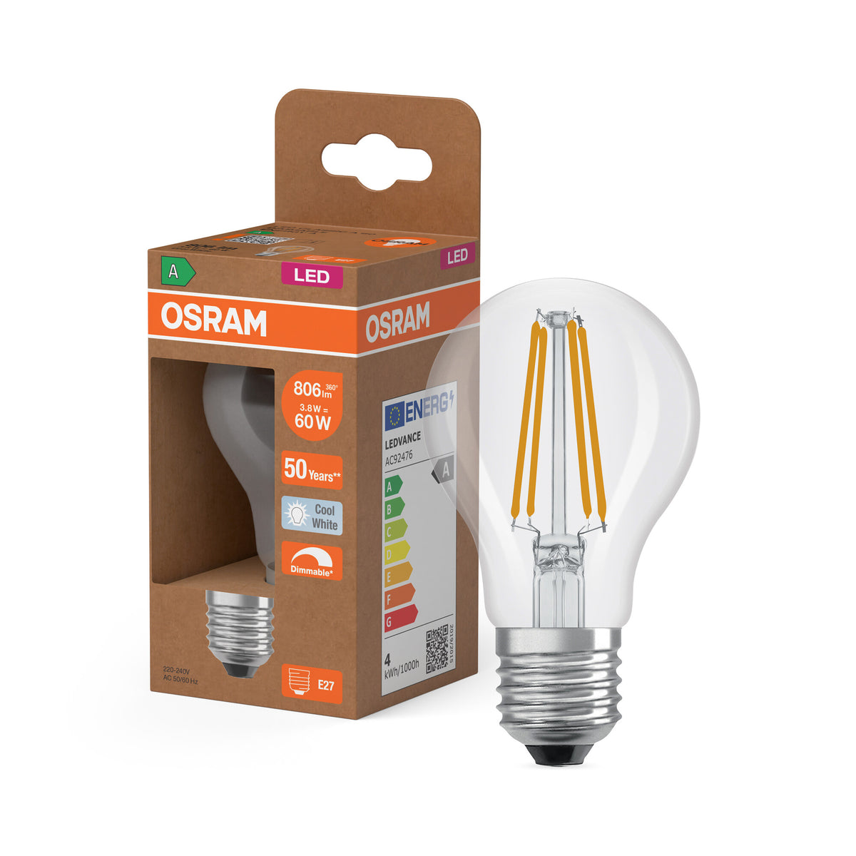 OSRAM LED CLASSIC A ENERGY EFFICIENCY A DIM in A-Form, LED-Lampe, Bleifreies Glas, Klar, 3,8 W, (ex 60 W), 806 lm, Kaltweiß, 4000 K, Dimmbar, Energieeffizienzklasse: A