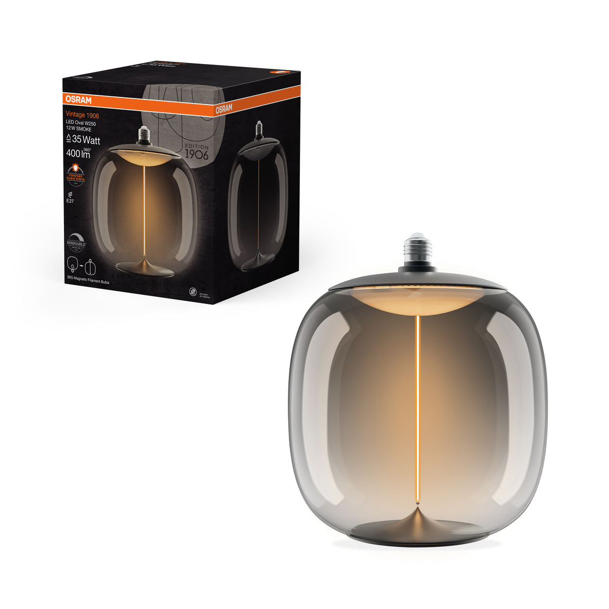OSRAM Vintage 1906® LED BIG DECORATIVE BULB WITH FILAMENT-MAGNETIC STYLE LED-Lampe Smoke, dimmbar, 12W, 400lm, E27, OVAL , Comfort warm white-Leuchtmittel-LEDVANCE Shop