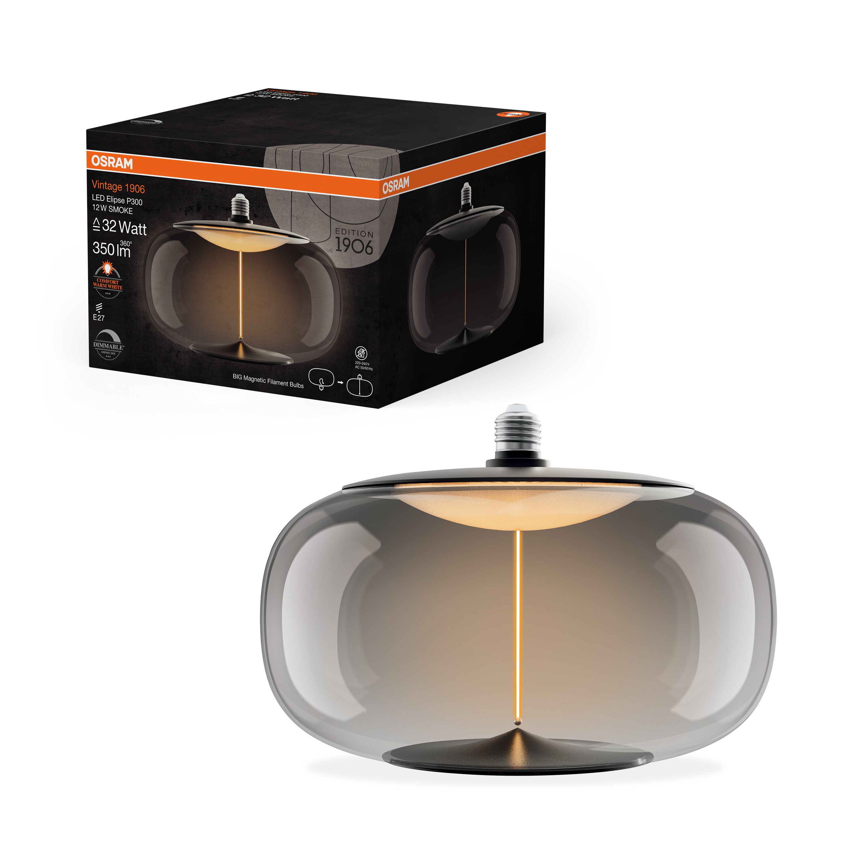 OSRAM Vintage 1906® LED BIG DECORATIVE BULB WITH FILAMENT-MAGNETIC STYLE LED-Lampe Smoke, dimmbar, 12W, E27, ELIPSE , Comfort warm white-Leuchtmittel-LEDVANCE Shop