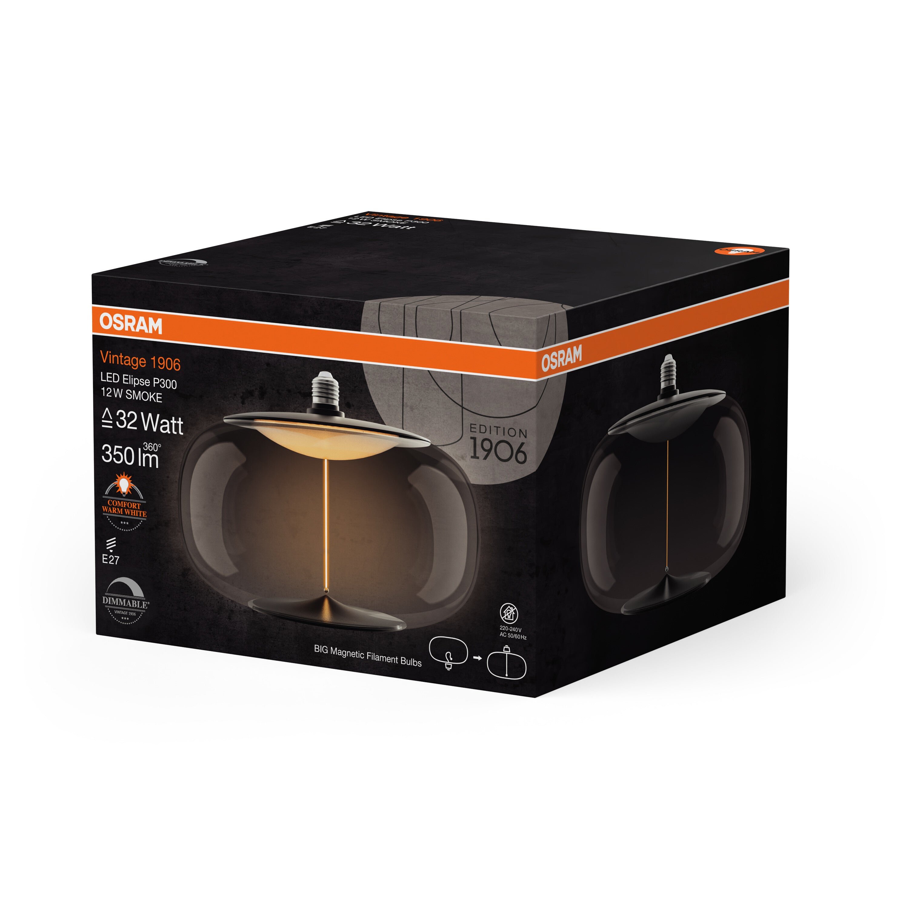 OSRAM Vintage 1906® LED BIG DECORATIVE BULB WITH FILAMENT-MAGNETIC STYLE LED-Lampe Smoke, dimmbar, 12W, E27, ELIPSE , Comfort warm white-Leuchtmittel-LEDVANCE Shop
