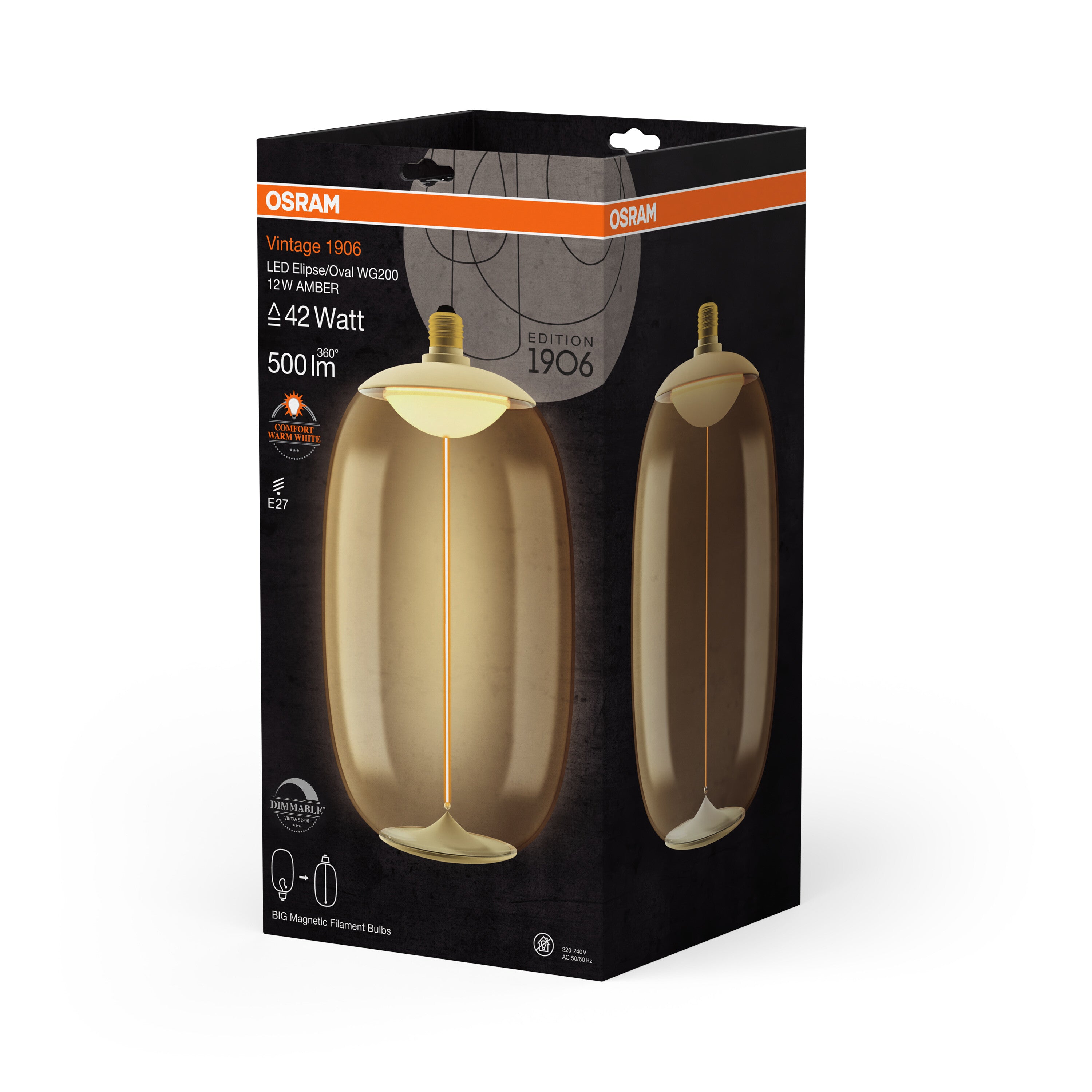 OSRAM Vintage 1906® LED BIG DECORATIVE BULB WITH FILAMENT-MAGNETIC STYLE LED-Lampe Amber, dimmbar, 12W, E27, ELIPSE OVAL , Comfort warm white-Leuchtmittel-LEDVANCE Shop