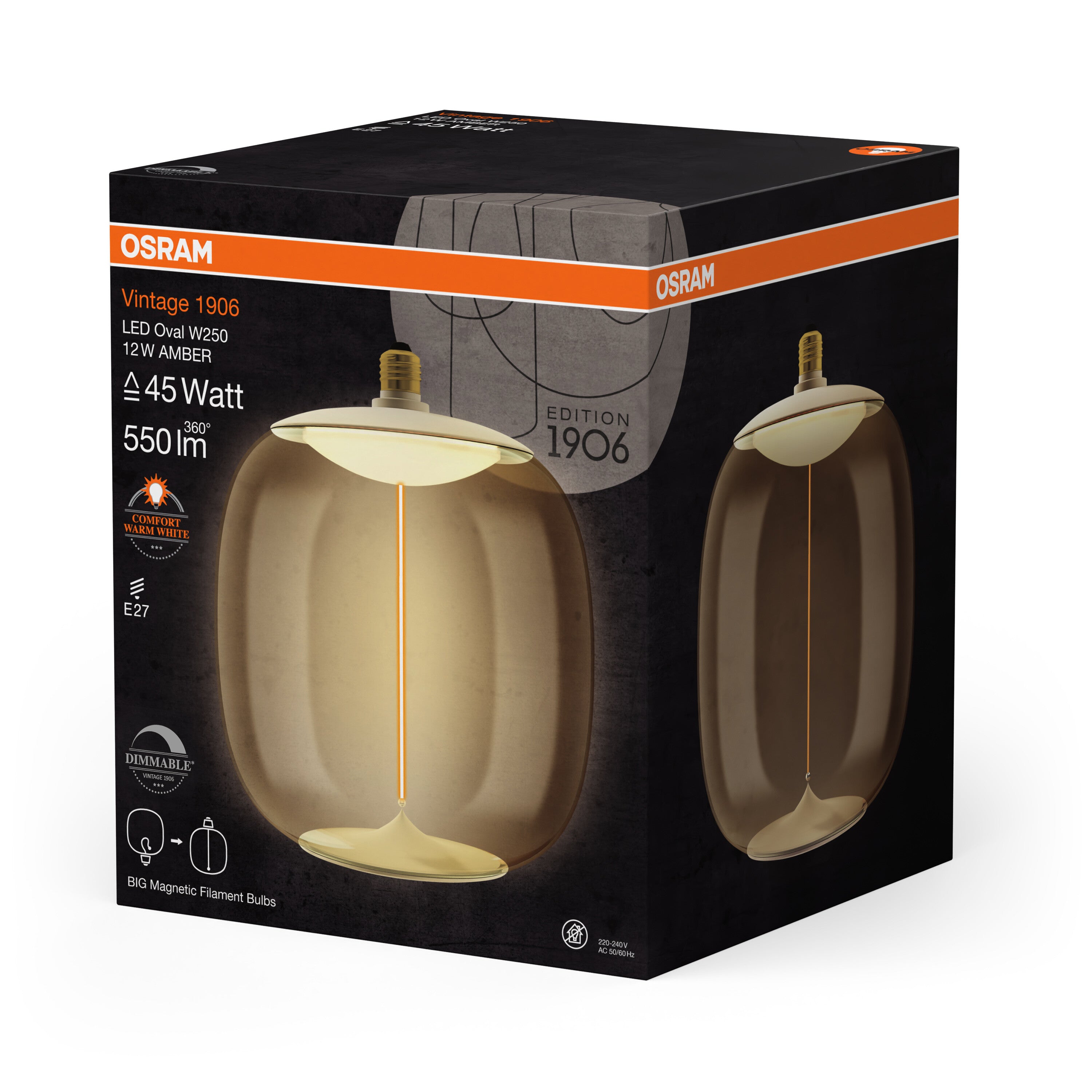 OSRAM Vintage 1906® LED BIG DECORATIVE BULB WITH FILAMENT-MAGNETIC STYLE LED-Lampe Amber, 12W, 550lm, dimmbar, E27, OVAL , Comfort warm white-Leuchtmittel-LEDVANCE Shop