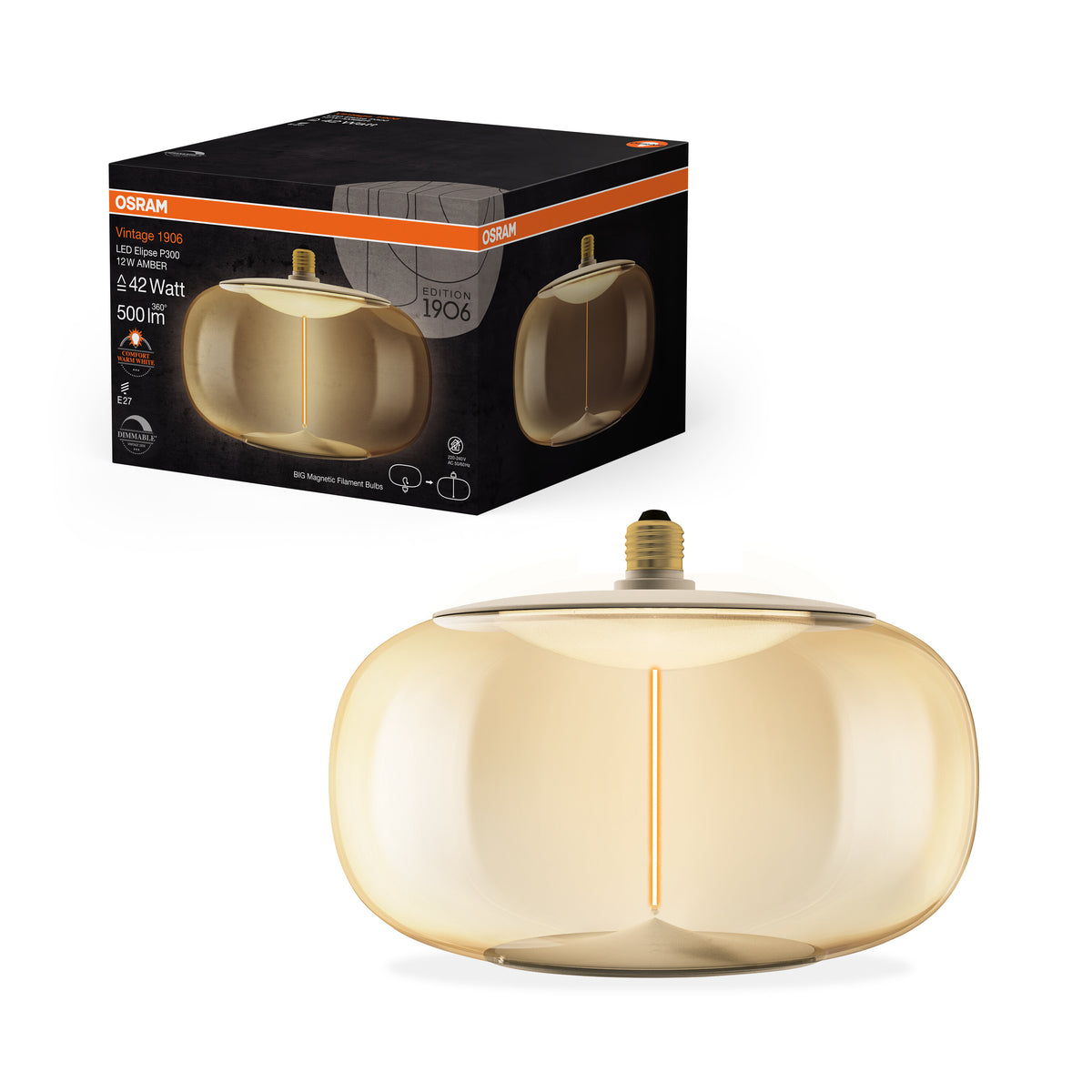 OSRAM Vintage 1906® LED BIG DECORATIVE BULB WITH FILAMENT-MAGNETIC STYLE LED-Lampe Amber, dimmbar, 12W, E27, ELIPSE , Comfort warm white-Leuchtmittel-LEDVANCE Shop