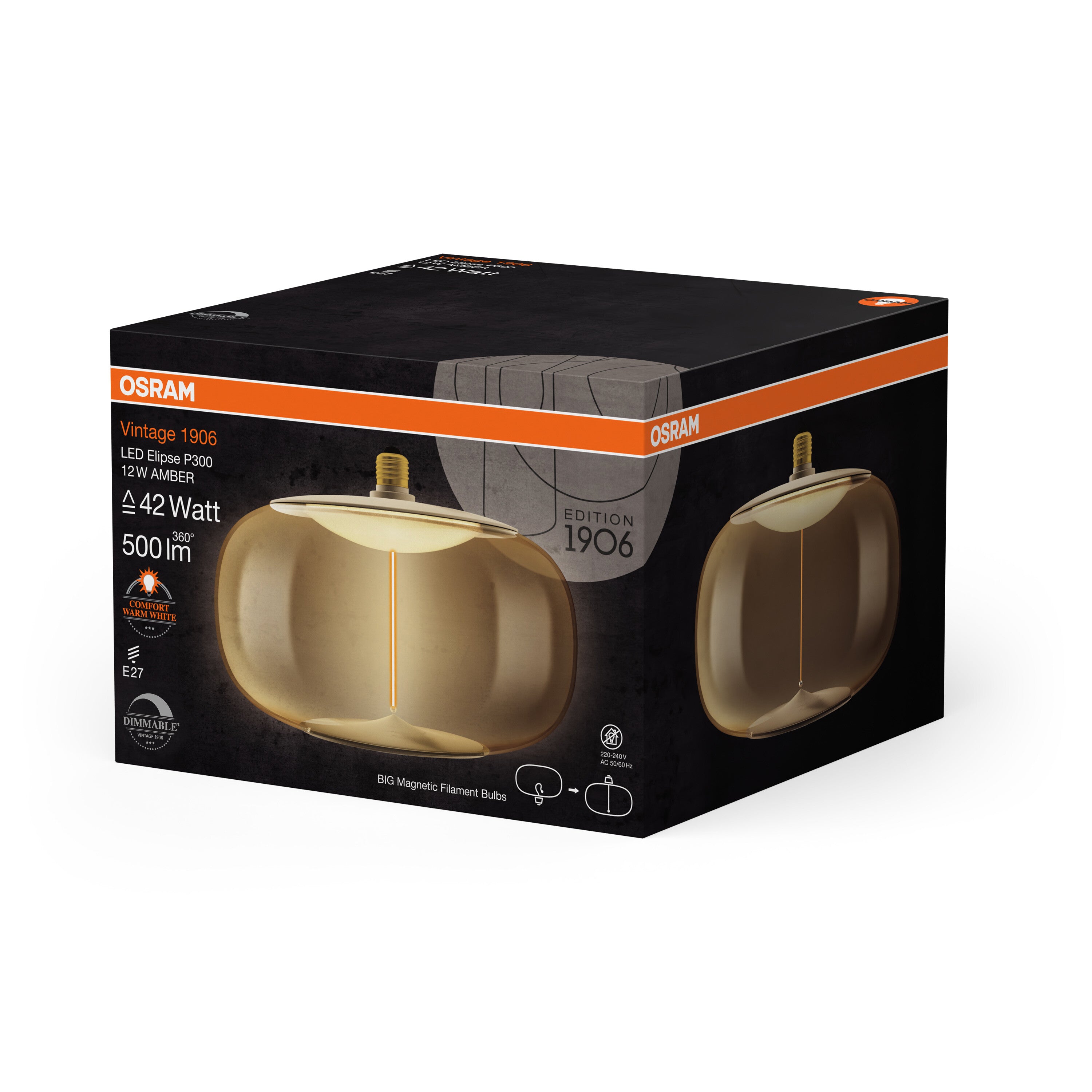 OSRAM Vintage 1906® LED BIG DECORATIVE BULB WITH FILAMENT-MAGNETIC STYLE LED-Lampe Amber, dimmbar, 12W, E27, ELIPSE , Comfort warm white-Leuchtmittel-LEDVANCE Shop