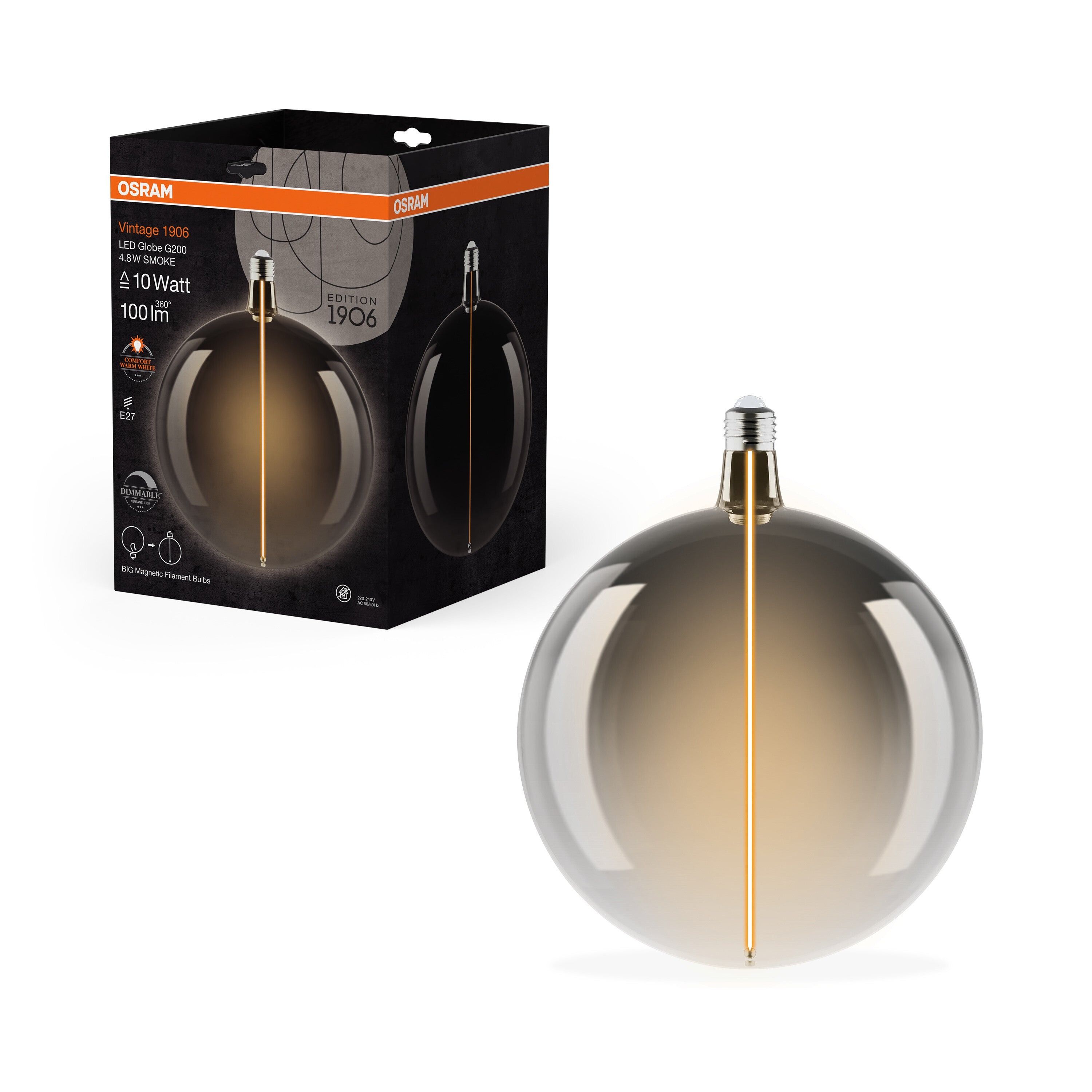 OSRAM Vintage 1906® LED BIG DECORATIVE BULB WITH FILAMENT-MAGNETIC STYLE LED-Lampe Smoke, dimmbar, 4.8W, E27, GLOBE , Comfort warm white-Leuchtmittel-LEDVANCE Shop