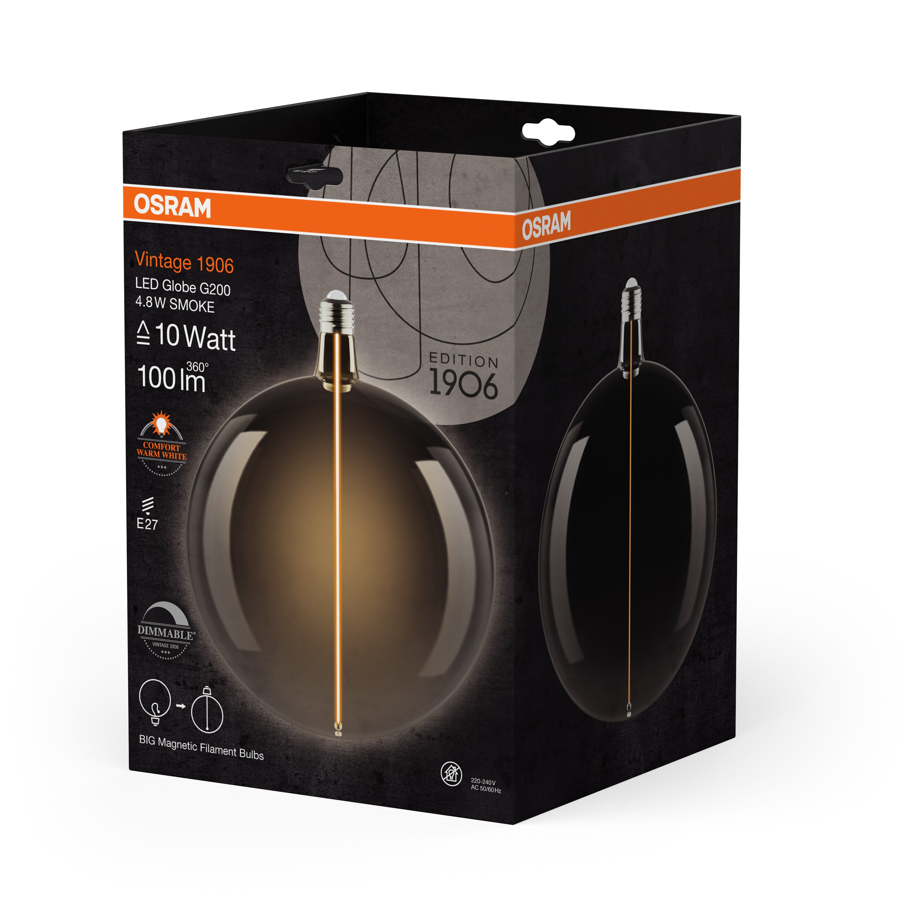 OSRAM Vintage 1906® LED BIG DECORATIVE BULB WITH FILAMENT-MAGNETIC STYLE LED-Lampe Smoke, dimmbar, 4.8W, E27, GLOBE , Comfort warm white-Leuchtmittel-LEDVANCE Shop