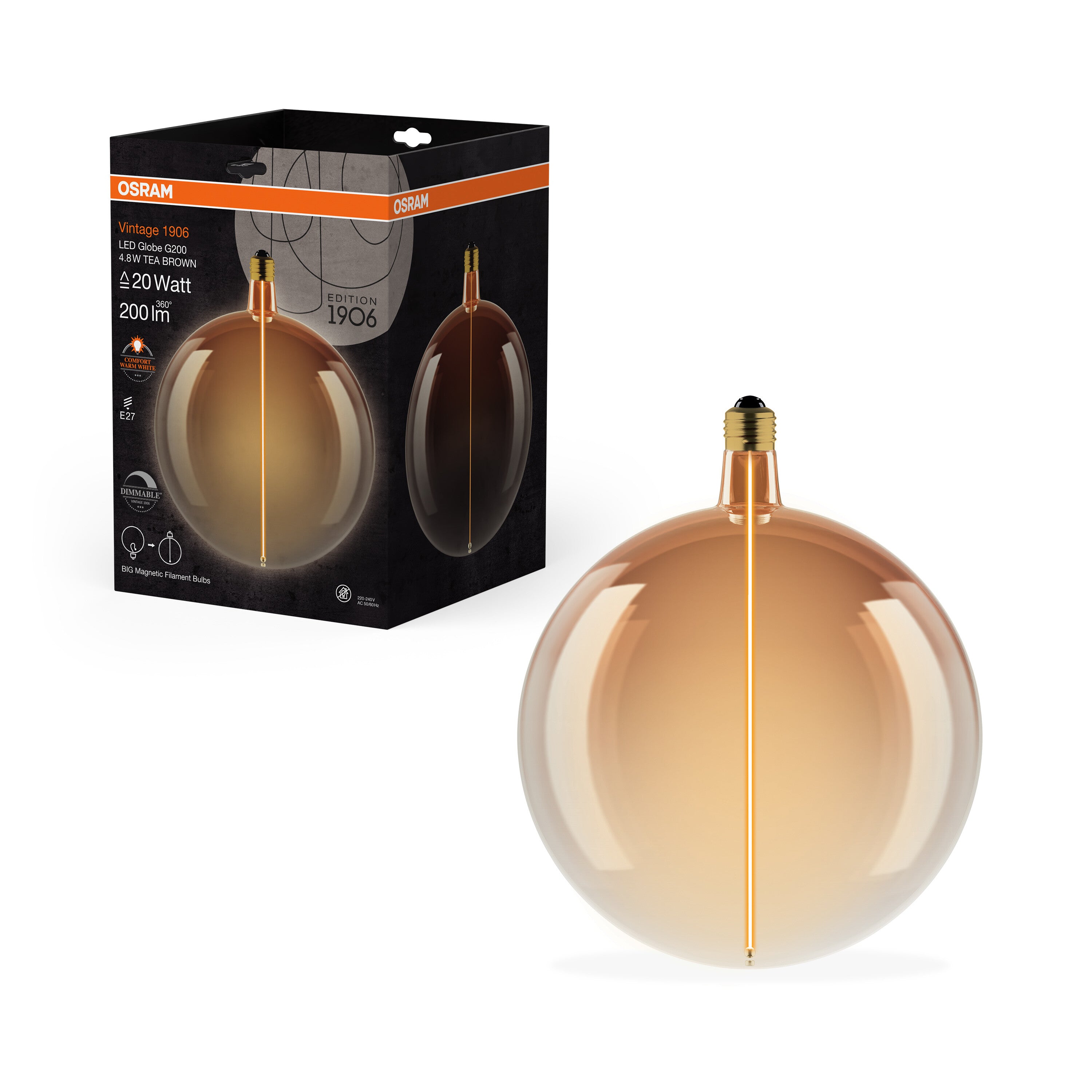 OSRAM Vintage 1906® LED BIG DECORATIVE BULB WITH FILAMENT-MAGNETIC STYLE LED-Lampe Tea Brown, dimmbar, 4.8W, E27, GLOBE , Comfort warm white-Leuchtmittel-LEDVANCE Shop