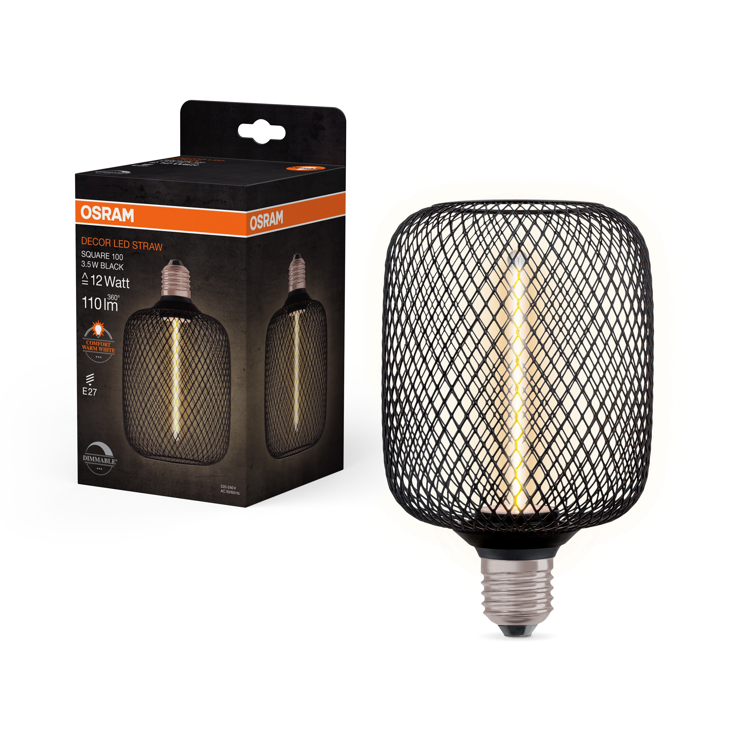 OSRAM DECOR LED Strohfilament Lampe Quadrat, Schwarz, 3.5W, 110lm , Comfort warm white , E27-LEDVANCE Shop