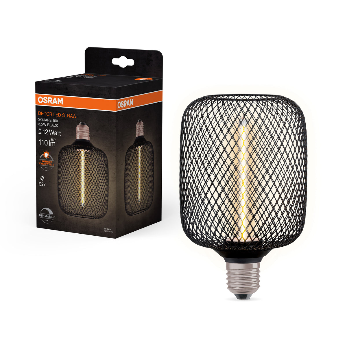 OSRAM DECOR LED Strohfilament Lampe Quadrat, Schwarz, 3.5W, 110lm , Comfort warm white , E27-LEDVANCE Shop