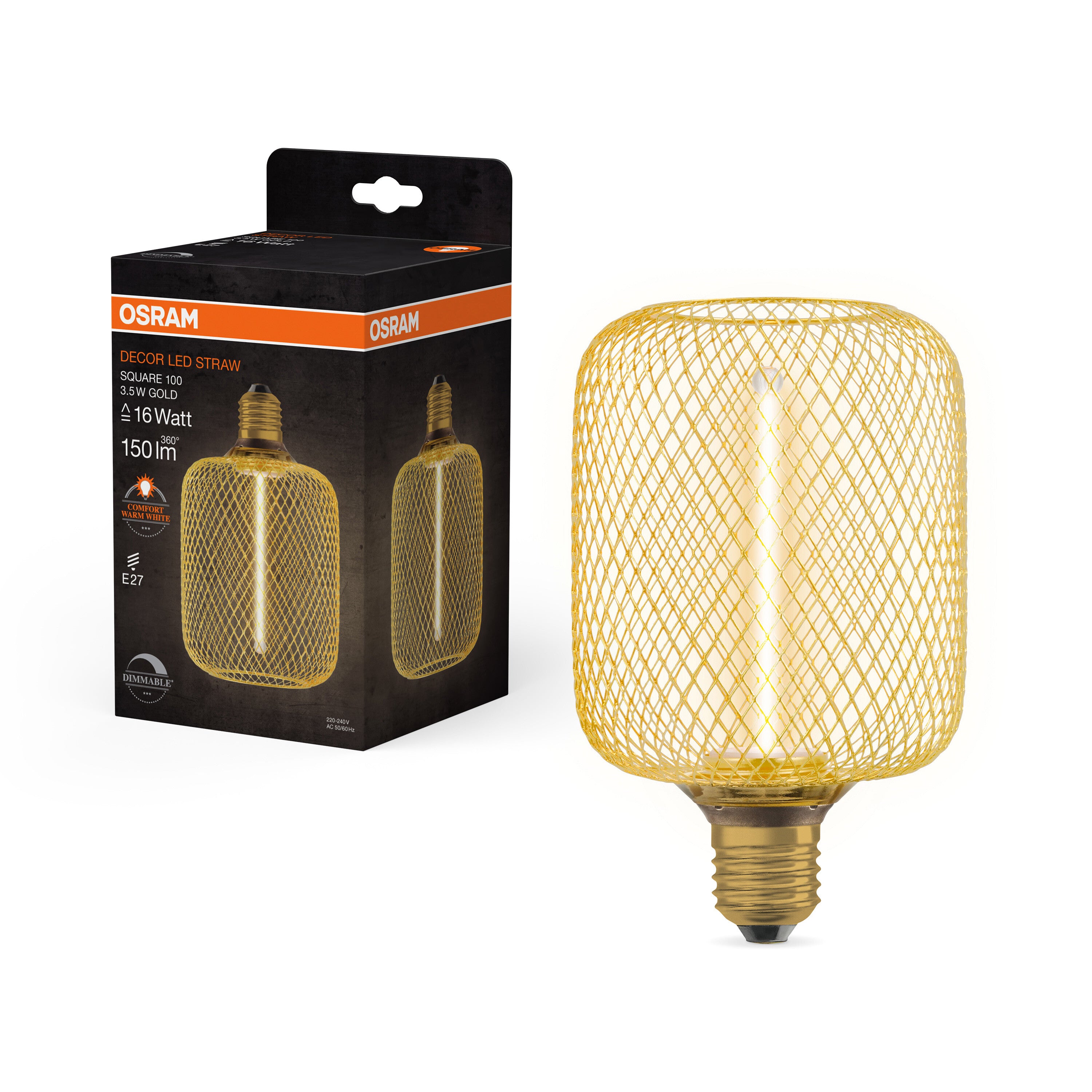 OSRAM DECOR LED Strohfilament Lampe Quadrat, Gold, 3.5W, 150lm , Comfort warm white , E27-LEDVANCE Shop