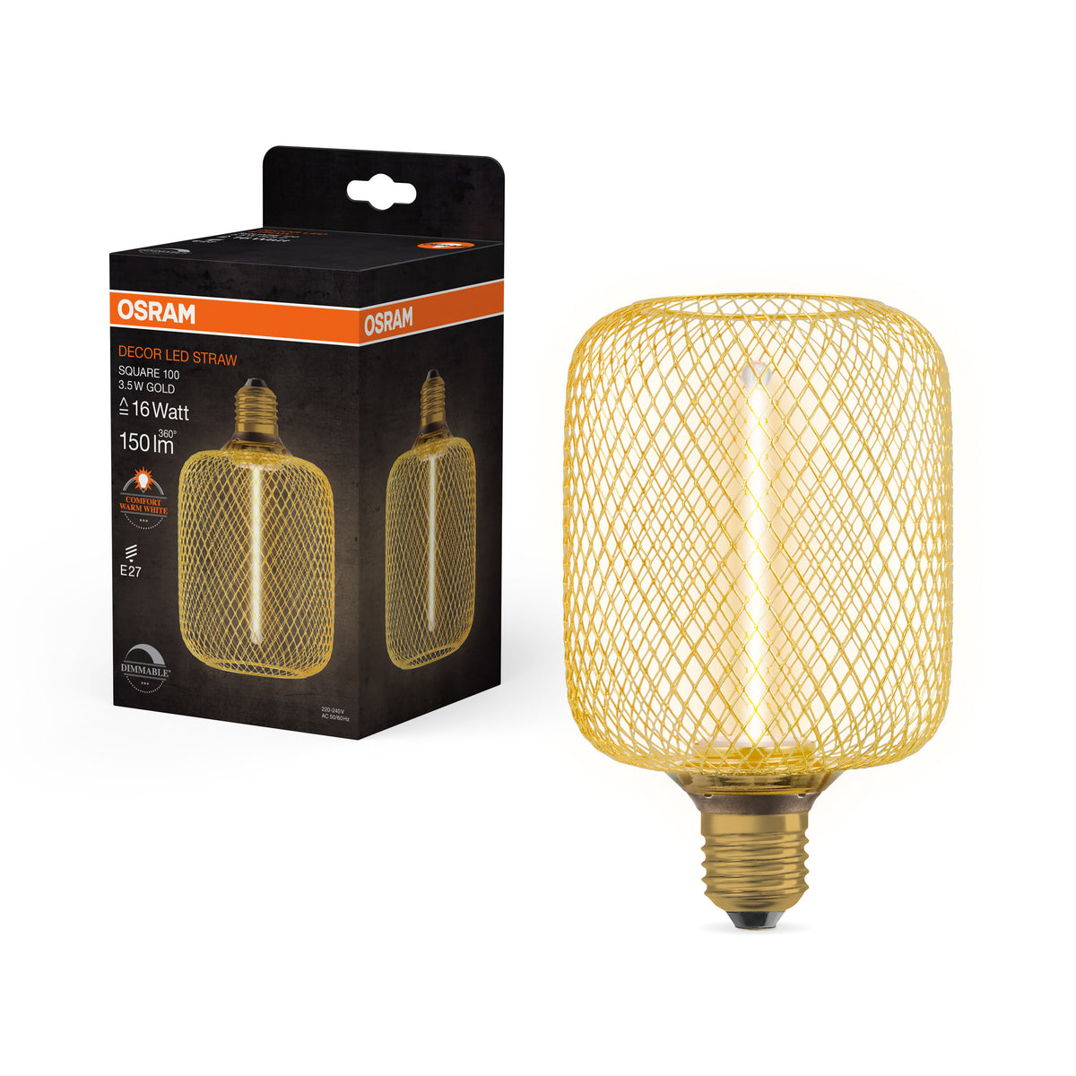 OSRAM DECOR LED Strohfilament Lampe Quadrat, Gold, 3.5W, 150lm , Comfort warm white , E27-LEDVANCE Shop