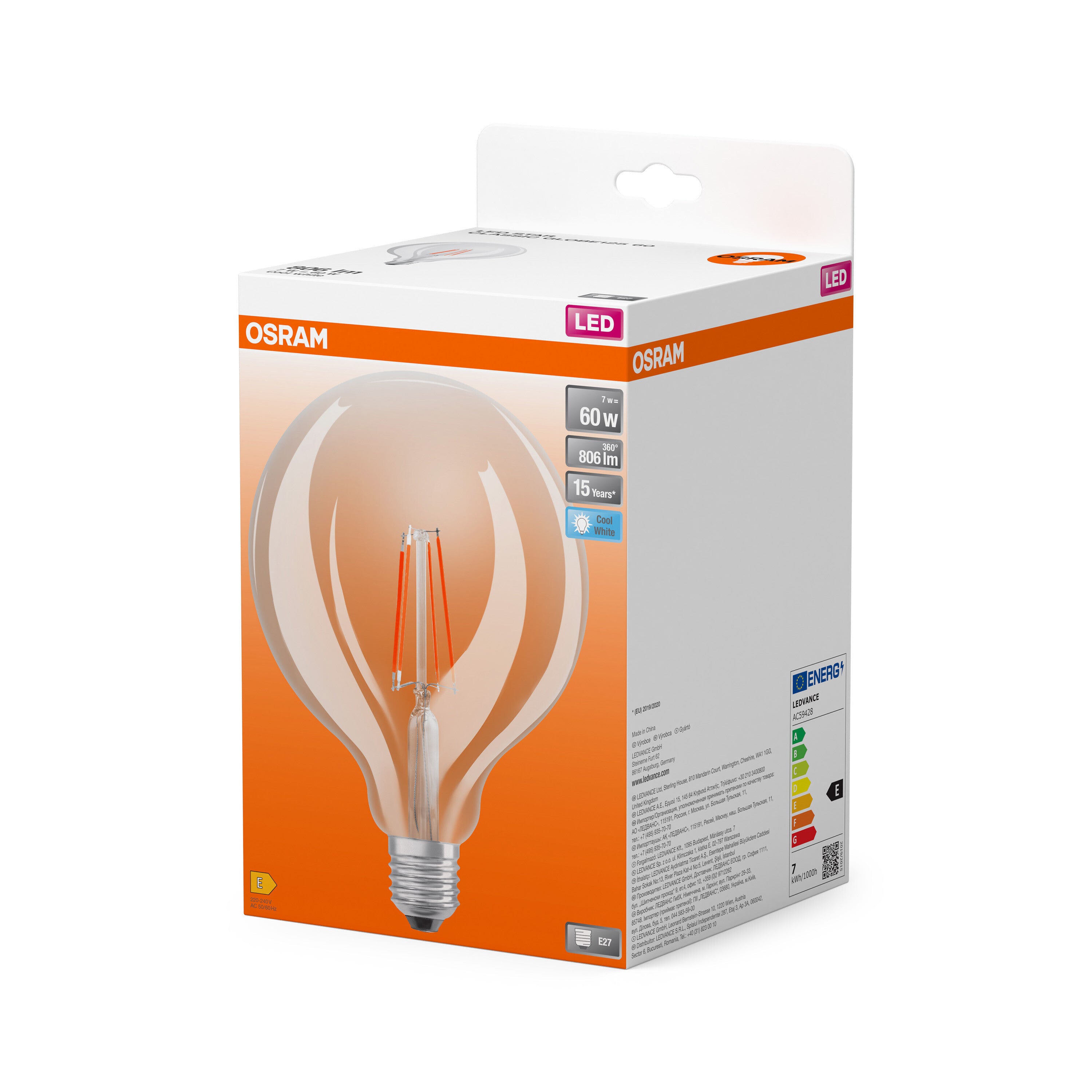 OSRAM LED Star Classic Lampe, Ballform, 7W, 806lm, Klar, E27 , Kaltweiß-LEDVANCE Shop