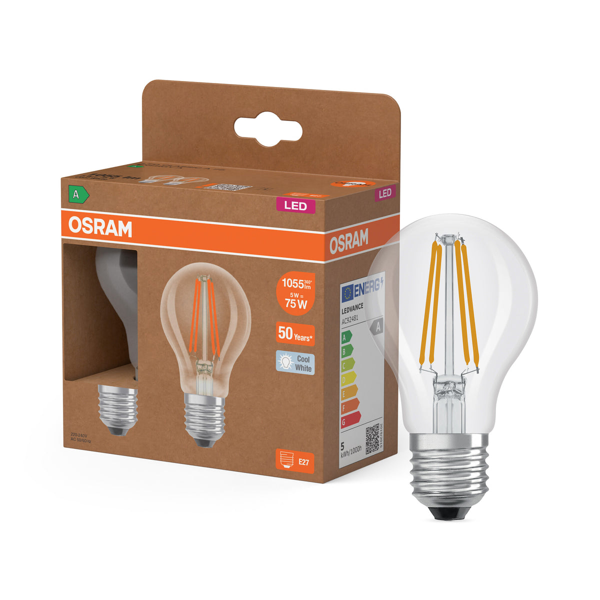 OSRAM LED LAMPS ENERGY CLASS A ENERGY EFFICIENCY FILAMENT CLASSIC A in A-Form, LED-Lampe, Bleifreies Glas, Klar, 5 W, 1055 lm, Kaltweiß, Energieeffizienzklasse: A, 2er